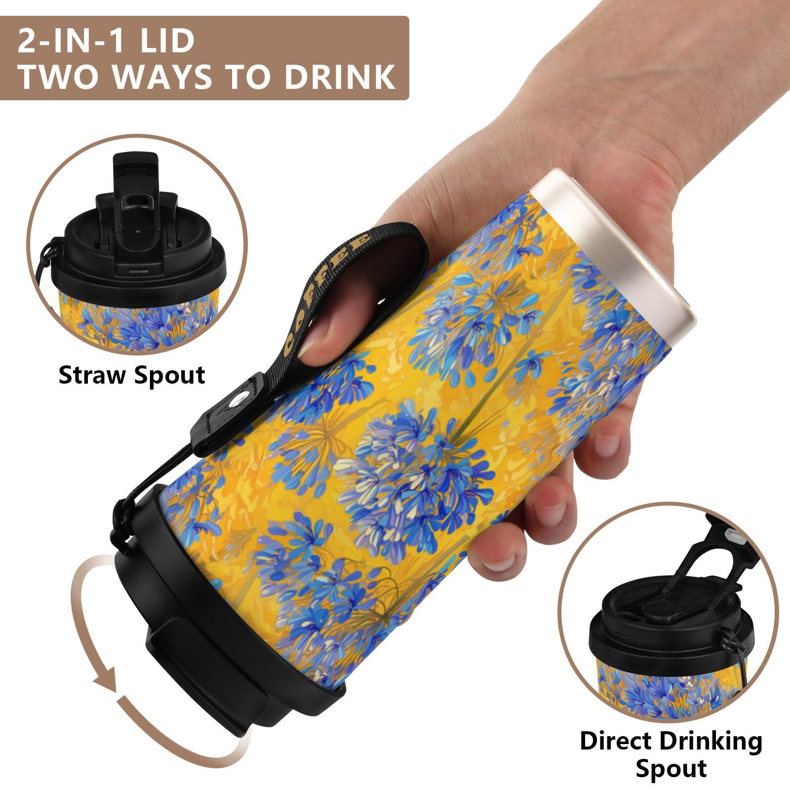 linqin Vasos de viaje de flores azules para mujer, taza de café con tapa, taza térmica de acero inoxidable para frío y calor, 17 onzas, a prueba de fugas