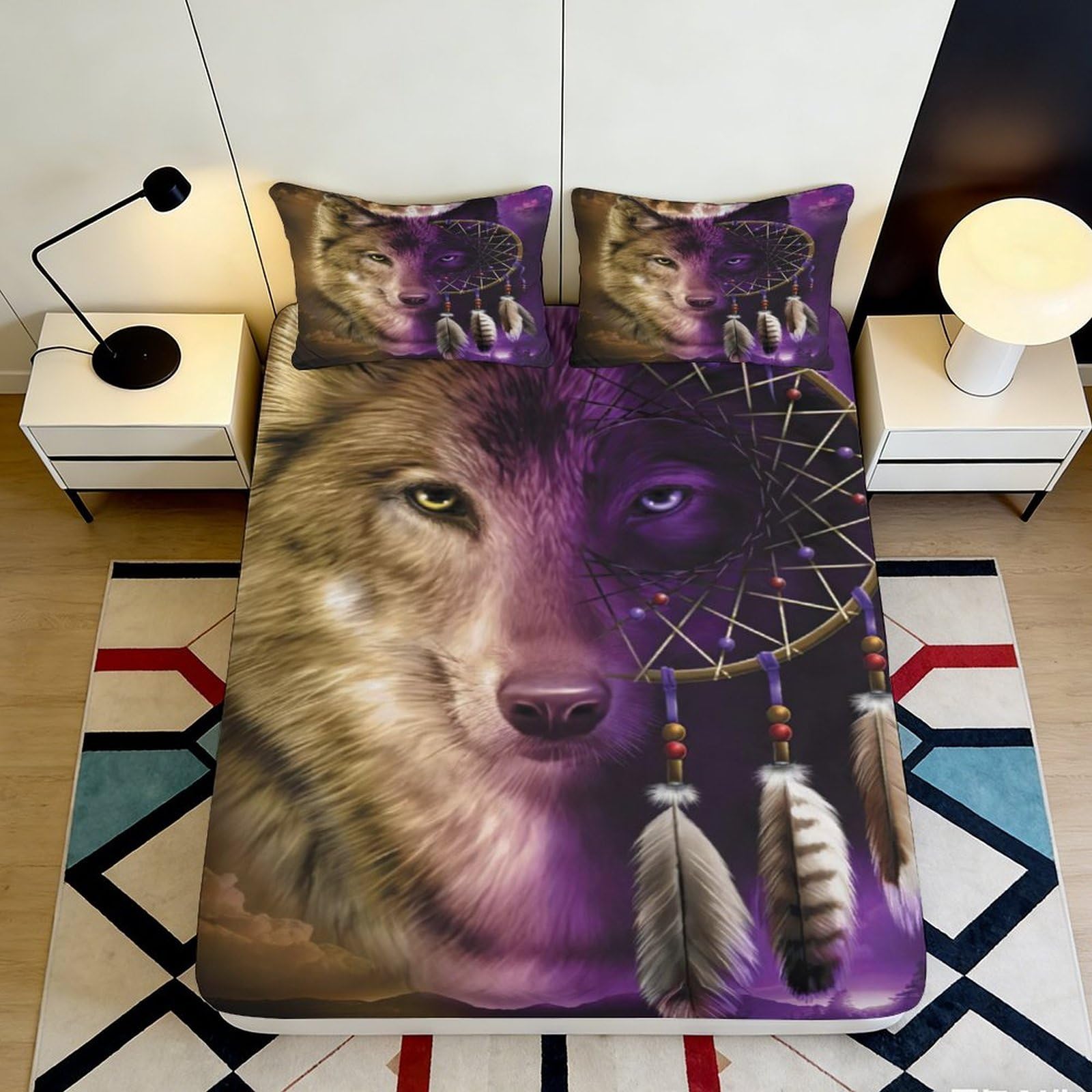 3D Printed Wolf Dreamcatcher Fitted Sheet Microfiber Purple Animal Bed Cover for Bedroom Dorm Mattress Decor 90x200x25cm