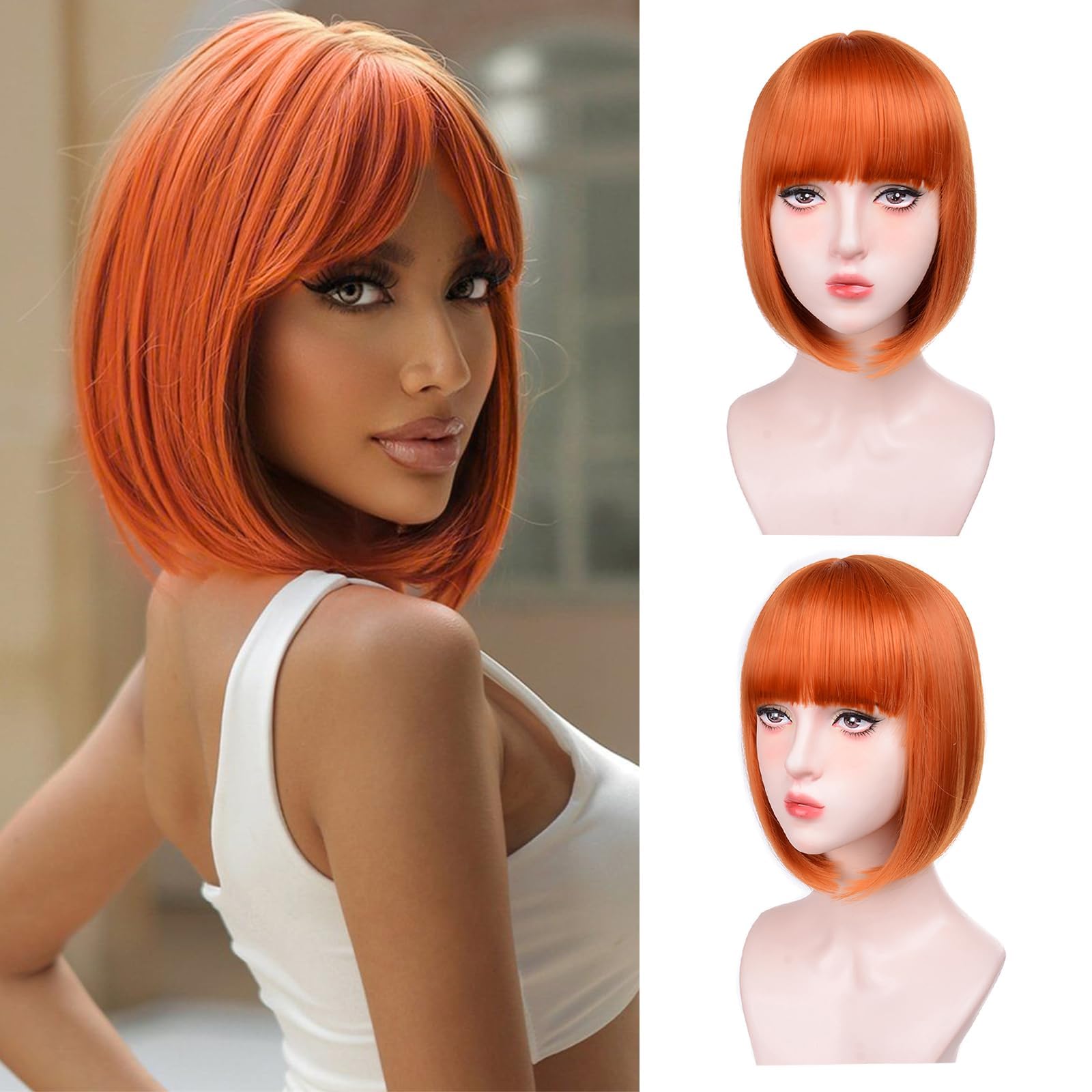 Aida ble Short Bob Wigs With Bangs - Straight bob wig for women Ginger 12inch Synthetic wig Heat Resistant Fiber Hair Natural and stylish look
