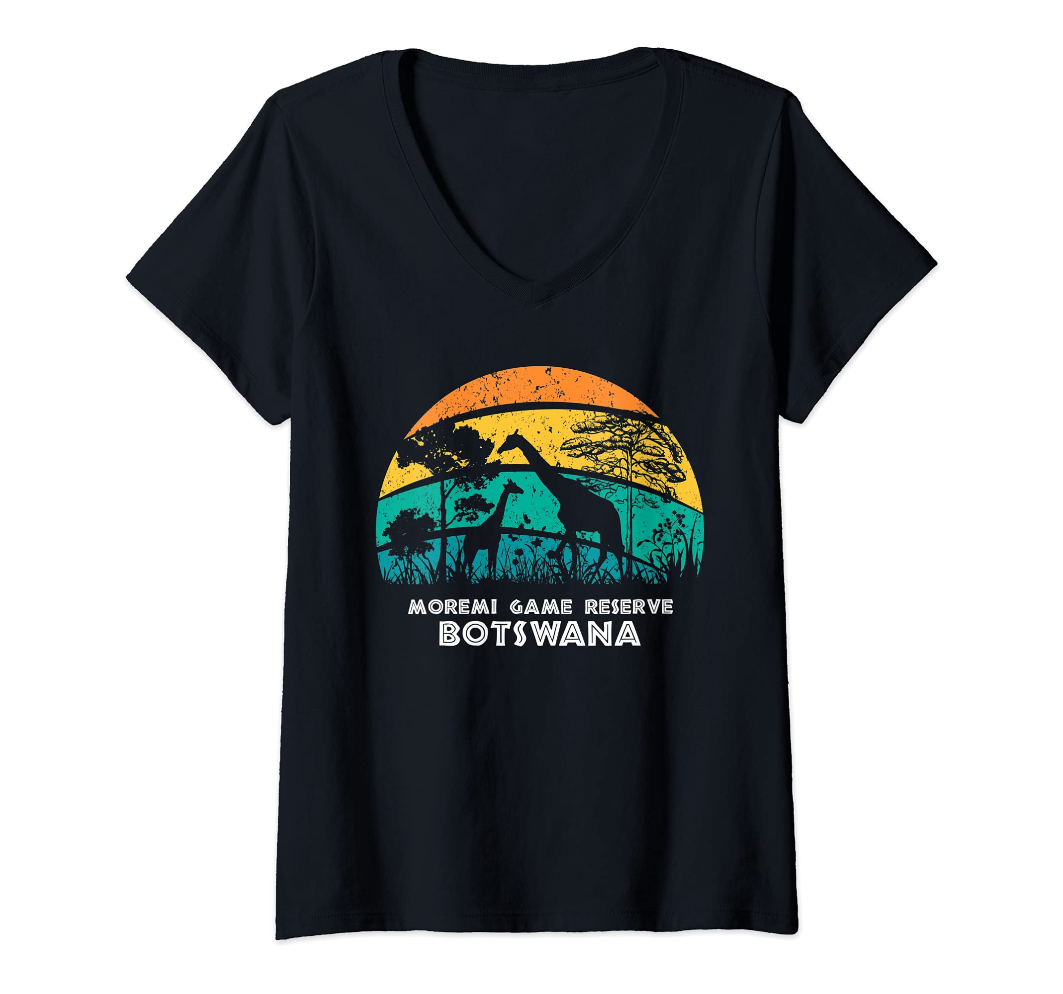 Womens Vintage Retro Moremi Game Reserve, Botswana Africa Safari Gi V-Neck T-Shirt, Black