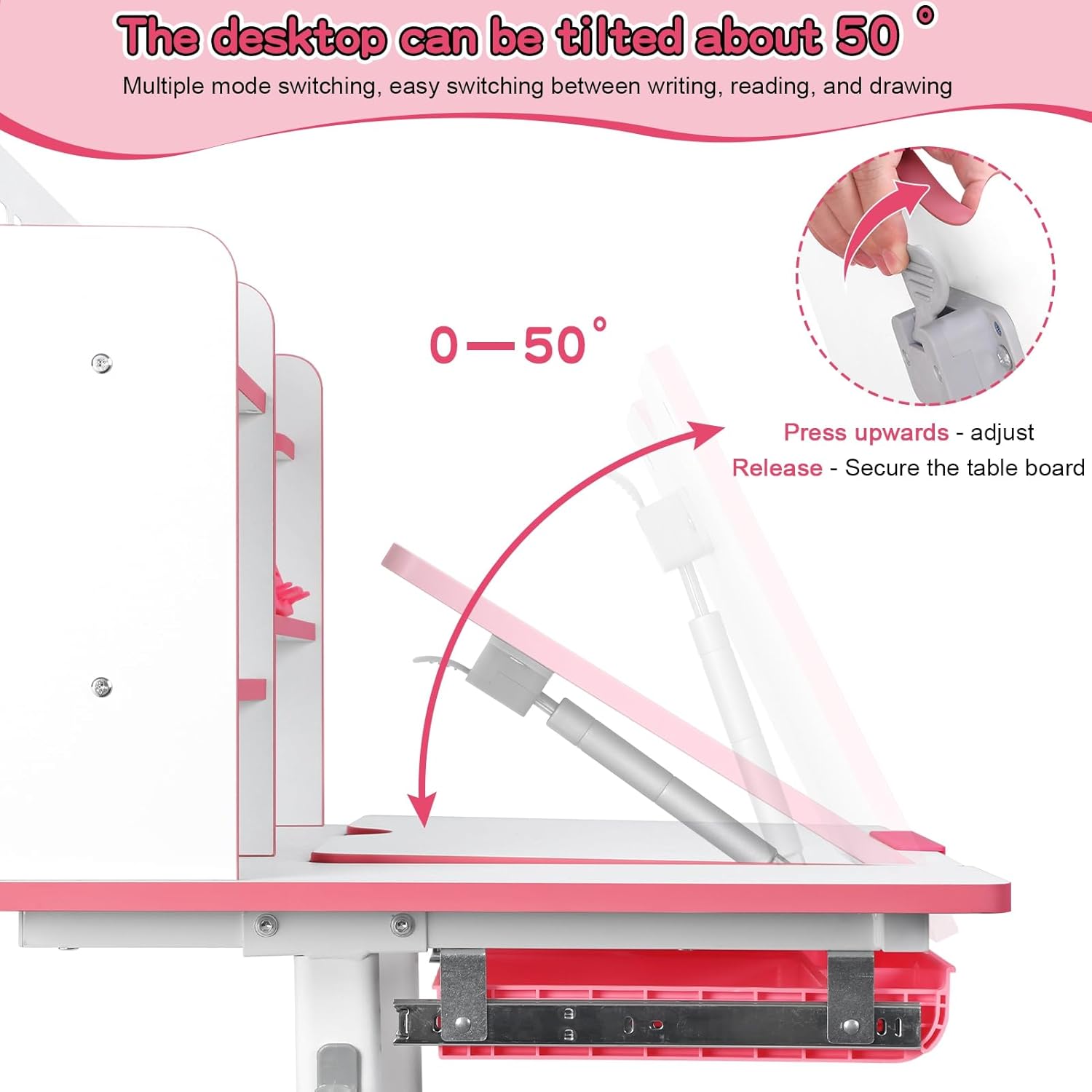 Kids Desk and Chair Set, 2025 Upgraded Height Adjustable Toddler Desk with 50-Degree Tiltable Desktop & Bookshelf & Storage Drawer, Ergonomic Kids Study Desk and Chair Set for Boys Girls Pink