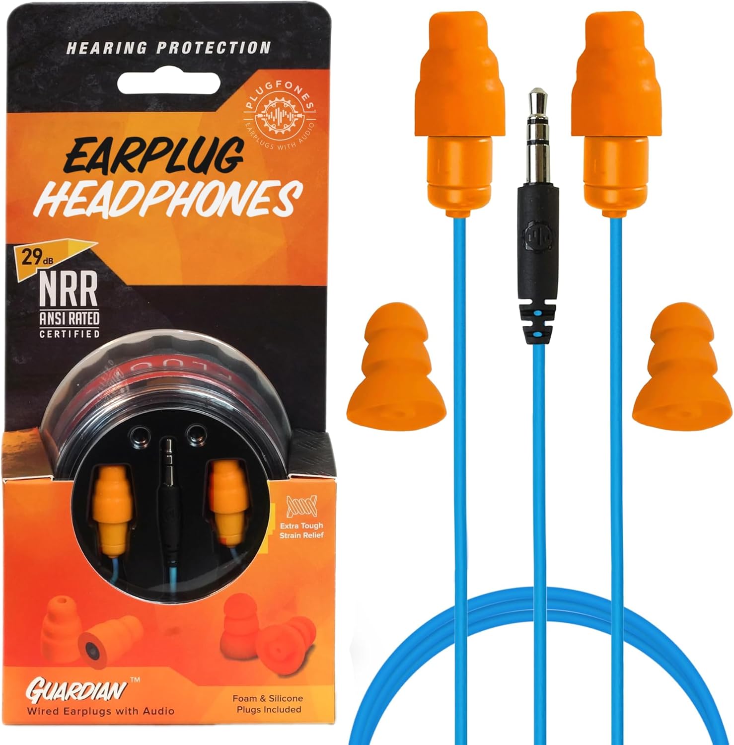 Plugfones Guardian Earplug Headphones - OSHA Approved Noise Isolating in-Ear Earbuds with Hearing Protection - Wired Hybrid for Work and Travel - Includes Silicone and Foam Ear Plugs - Blue & Orange