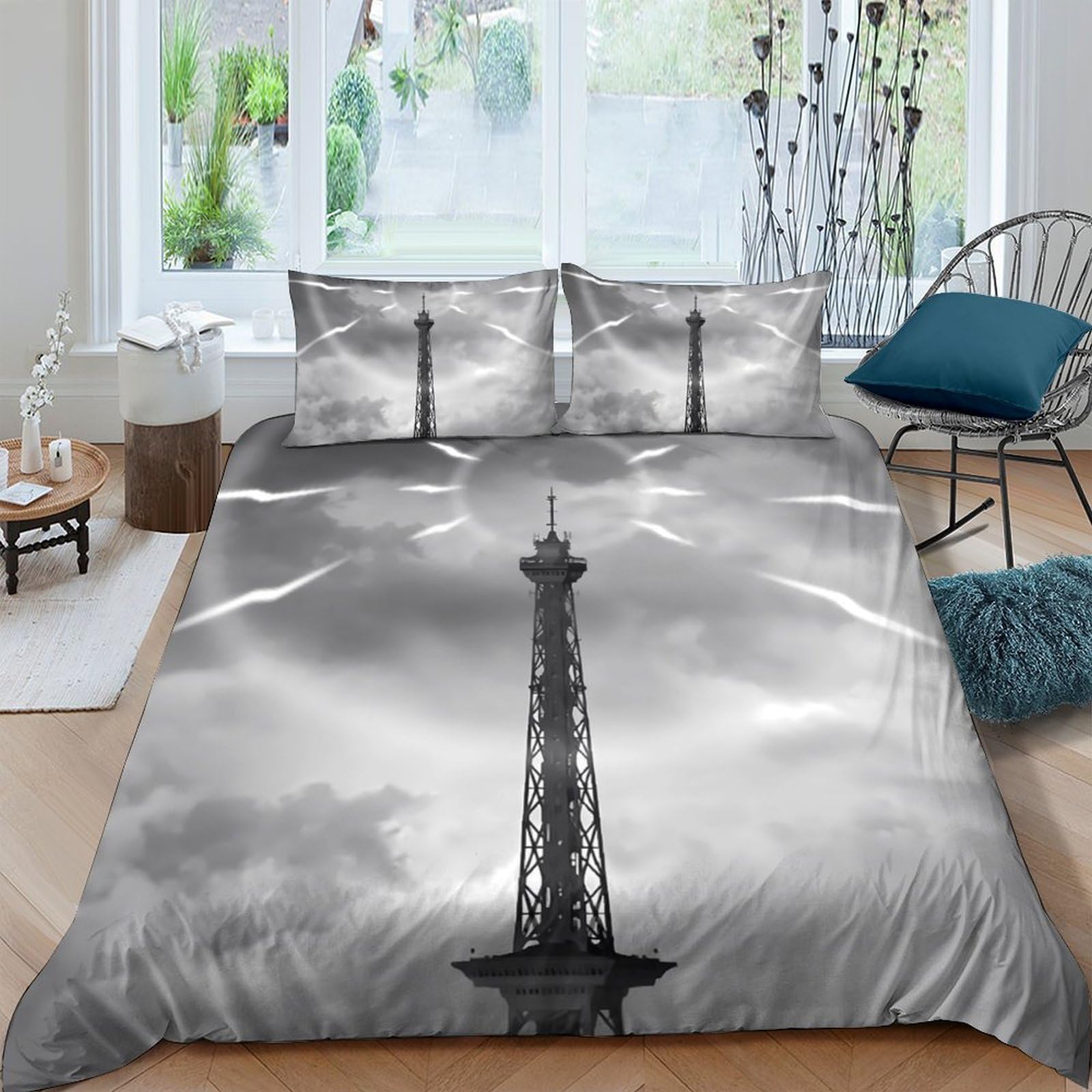 Ctjqhvkz Style-2 3D Printed Eiffel Tower Skyline Fitted Sheet Microfiber Soft Breathable Paris Cityscape Mattress Cover For Bedroom Decor Single（135X200cm）