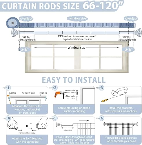 Miniatura 7 de TVWOO Barras de cortina plateadas de 66 a 120 pulgadas, juego de barras de cortina ajustables de 34 pulgadas, modernas barras de cortina para