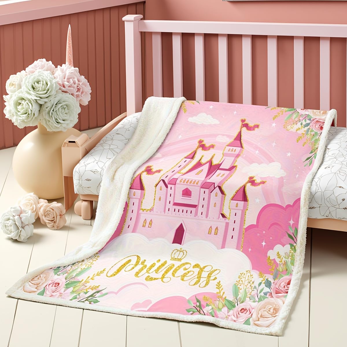 Couverture polaire rose princesse en sherpa doux pour lit enfant