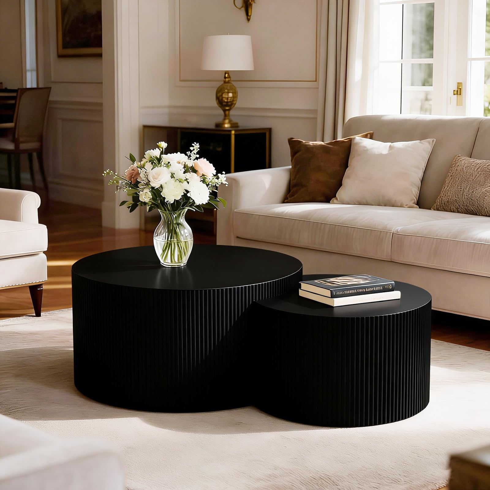 SOUWOFS Black Nesting Coffee Tables Round Coffee Table Set of 2 (Black)