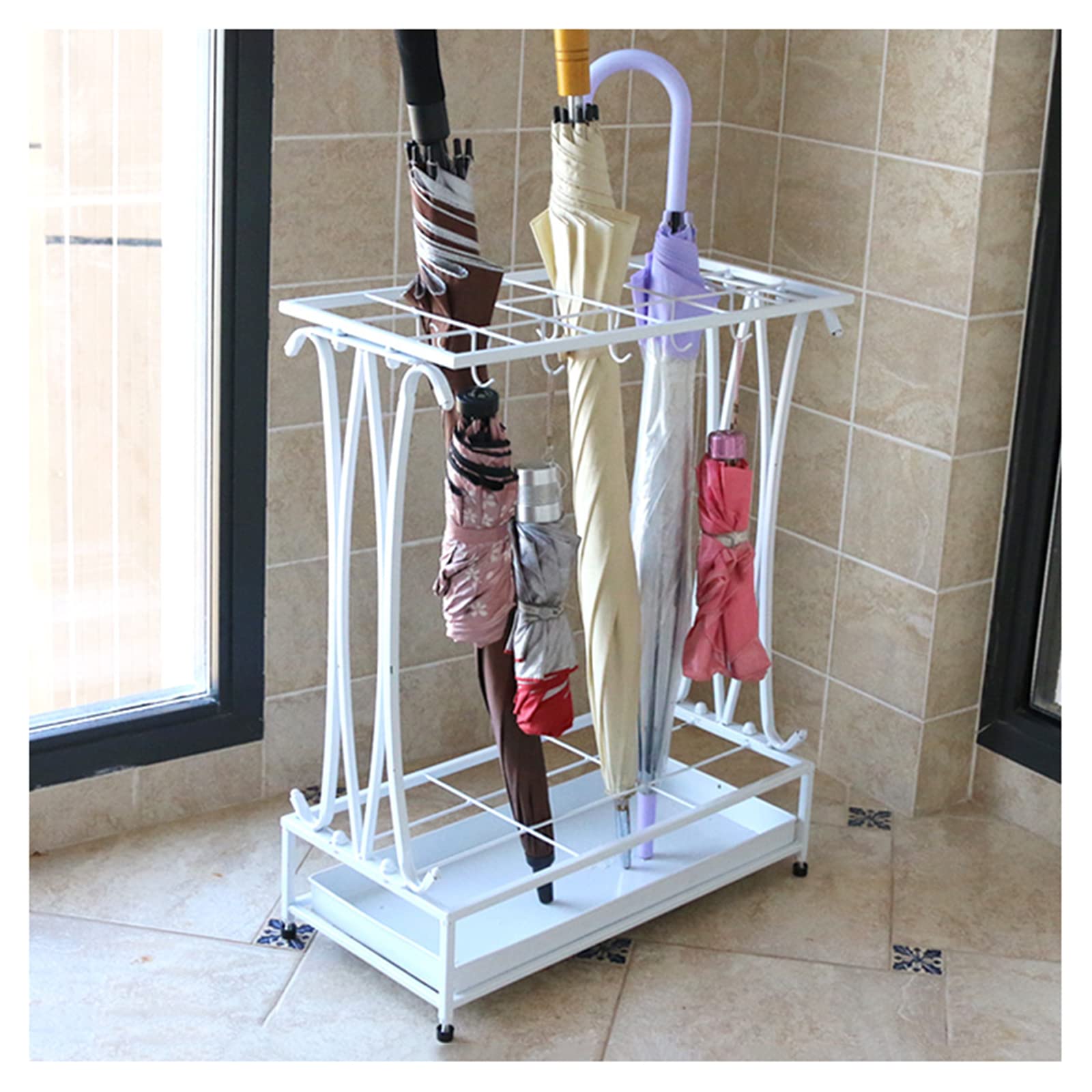 FCXWEVR Commercial/Home Umbrella Stand Rack High Capacity with 18 Holes + 10 Hooks Ideal for Hallway Office and Door White