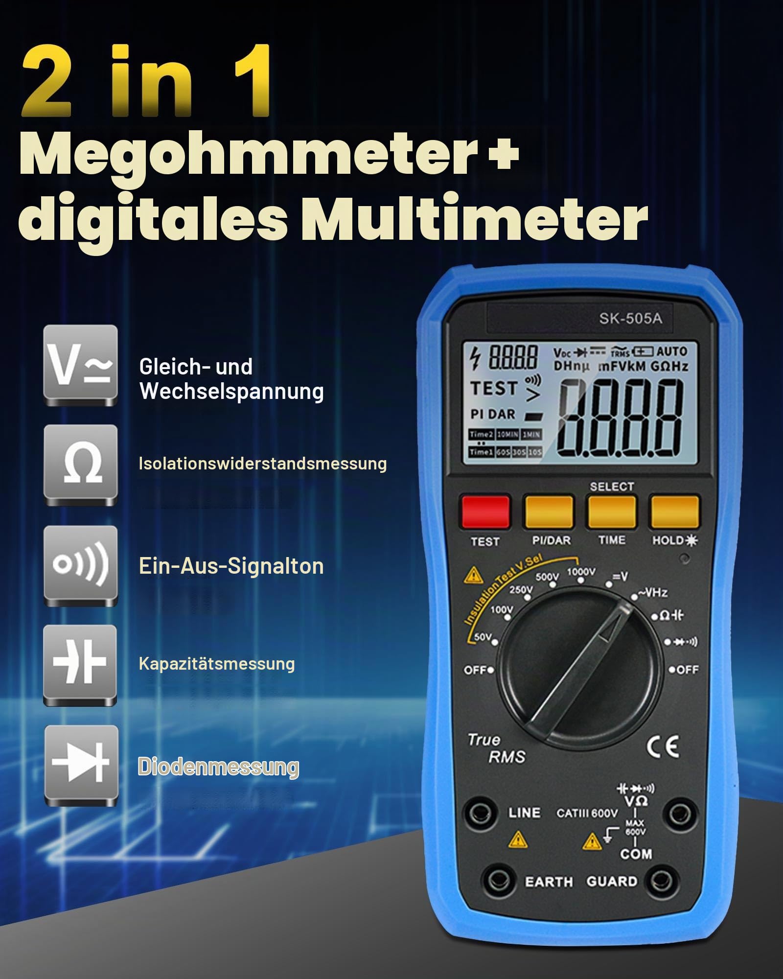 2 in 1 Megohmmeter & Multimeter Digital, Isolationswiderstandsmessgerät, 20GΩ/1000V Auto-Range, Data Hold, AC/DC Spannungsprüfer, Kapazitätsmessung für elektrische Hausprüfungen SK-505A GOLDCHAMP