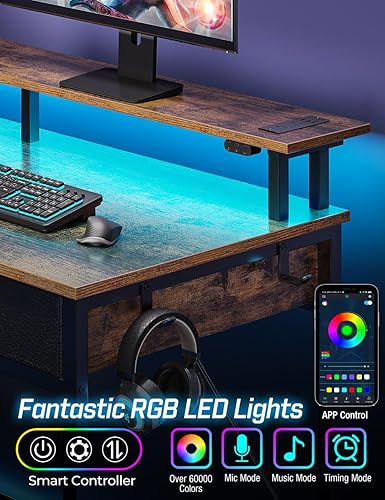 Miniatura 28 de Rolanstar Escritorio para computadora con tomas de corriente y luz LED, escritorio de oficina en casa de 55 pulgadas con 3 cajones y estantes de