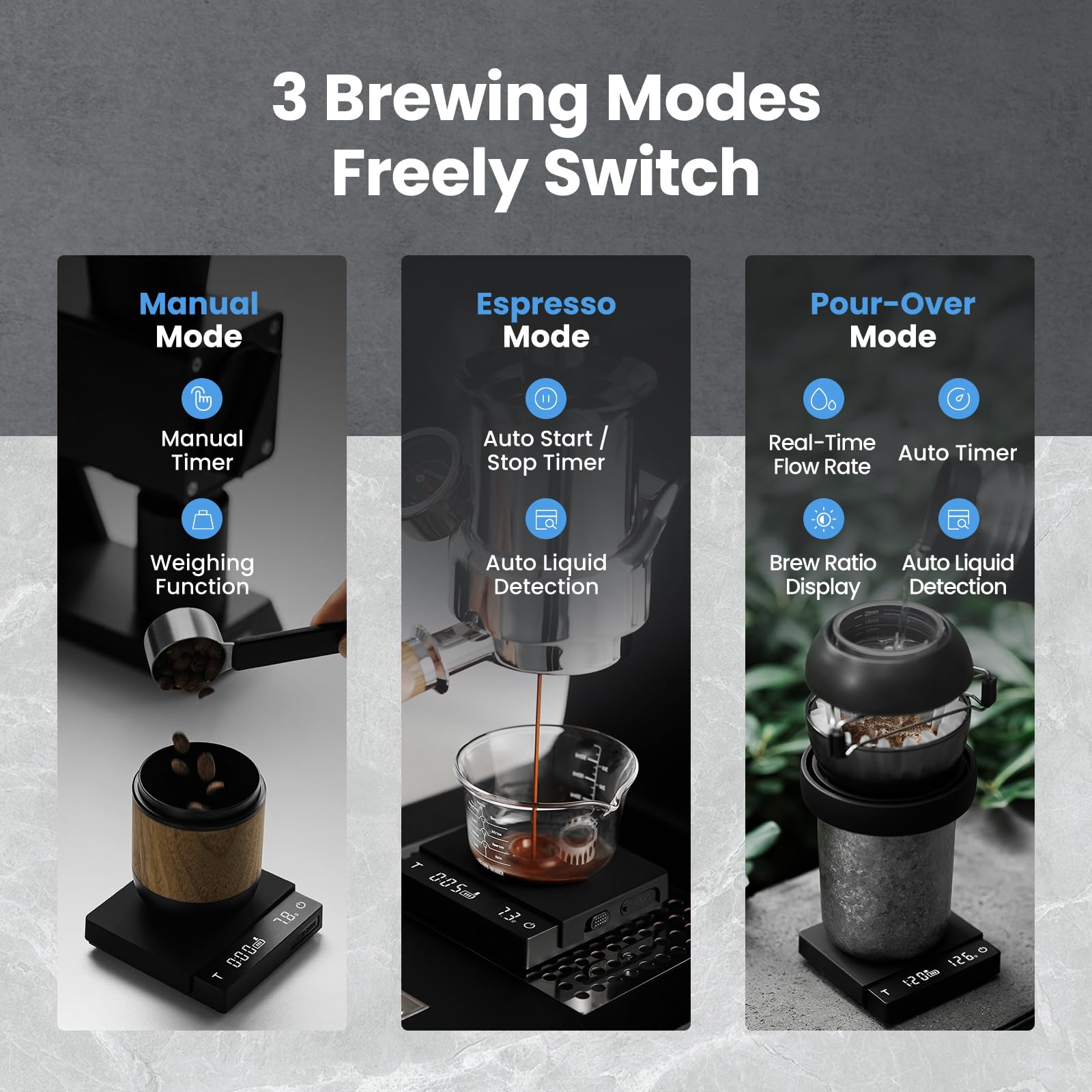 MHW-3BOMBER Báscula de café expreso súper mini con temporizador, báscula de café digital con modo espresso/vertido/manual, báscula recargable de granos de café, báscula portátil con una bolsa de