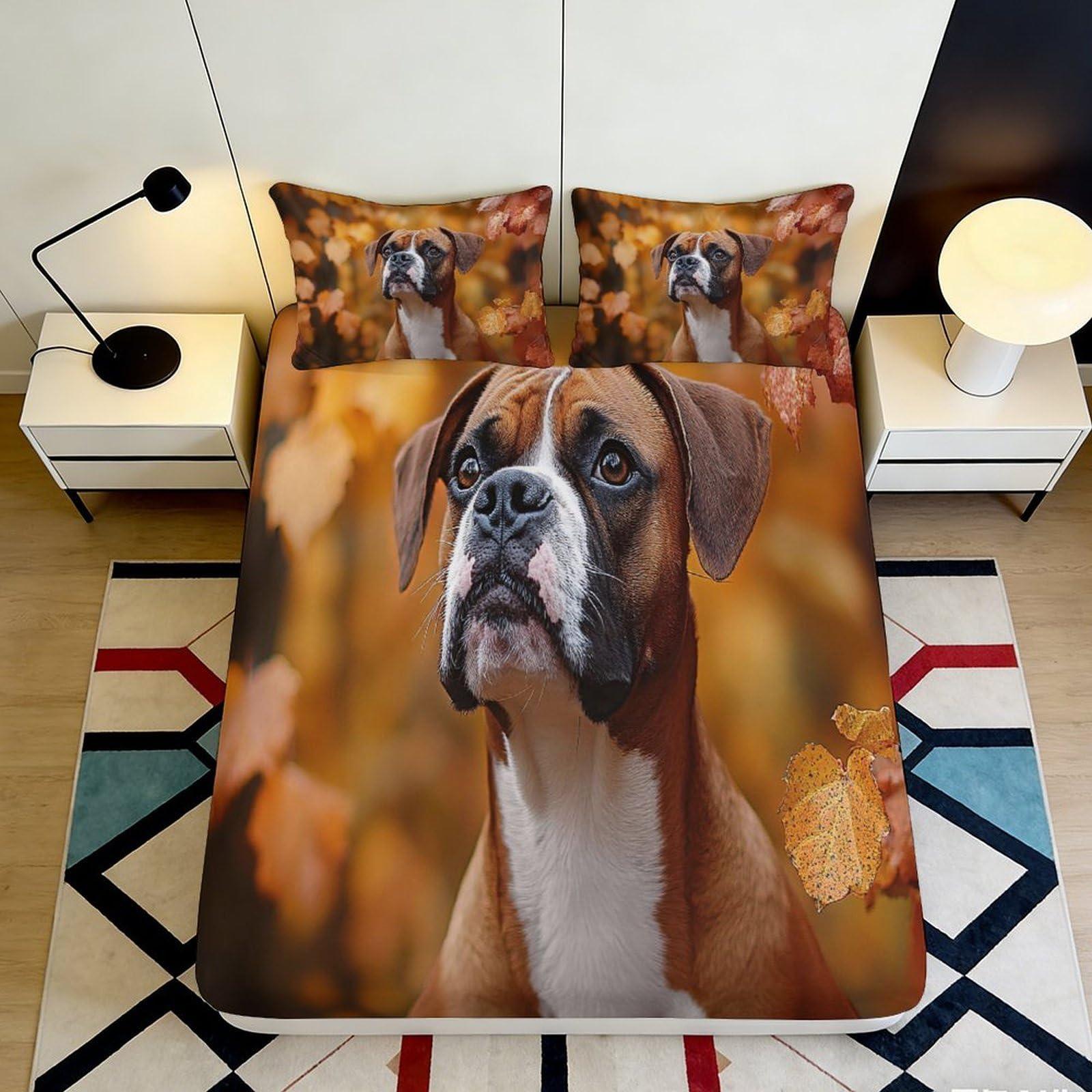 3D Printed Autumn Boxer Dog Fitted Sheet Microfiber Soft Mattress Cover Bedroom Decor Dustproof Easy Care 90x200x25cm