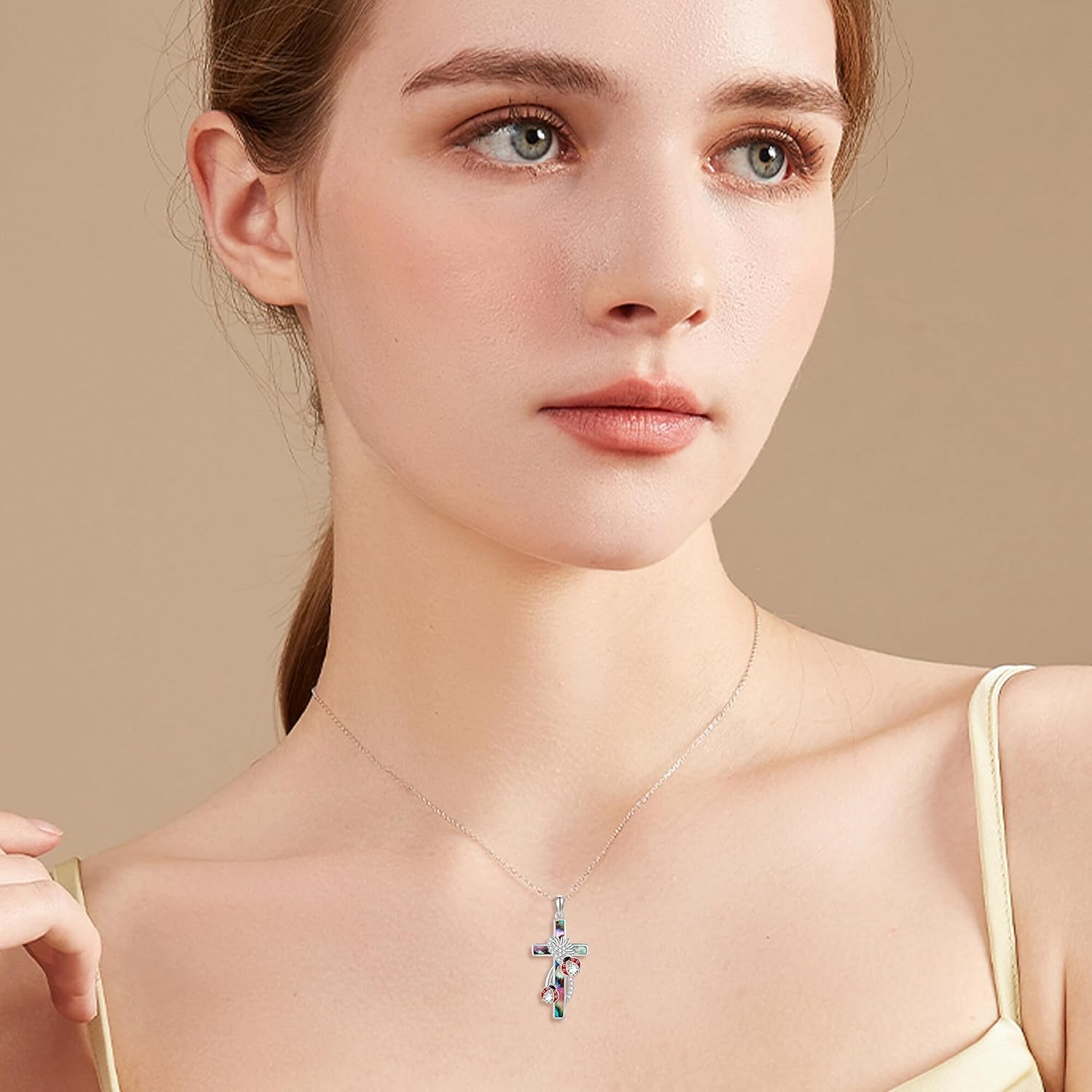 Ladybug Necklace 925 Sterling Silver Cross Abalone Shell Pendant Necklace Ladybug Jewelry Mothers Gifts for Women Mom Grandma - Image 4