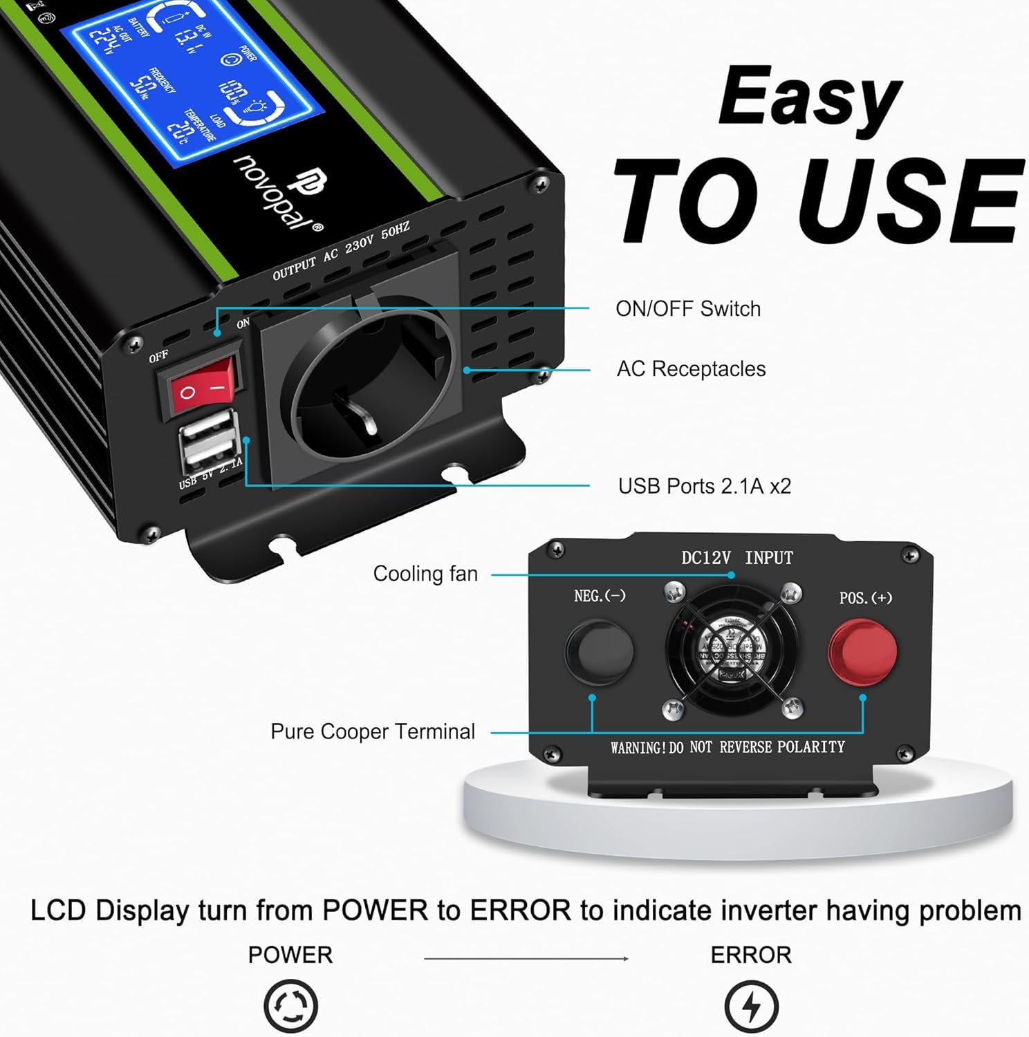 NOVOPAL 500W Wechselrichter 12V auf 230V 220V Reiner Sinus Spannungswandler mit intelligenter LCD-Anzeige - 2USB-Ausgang, EU-Stecker Für Auto KFZ Wohnwagen LKW