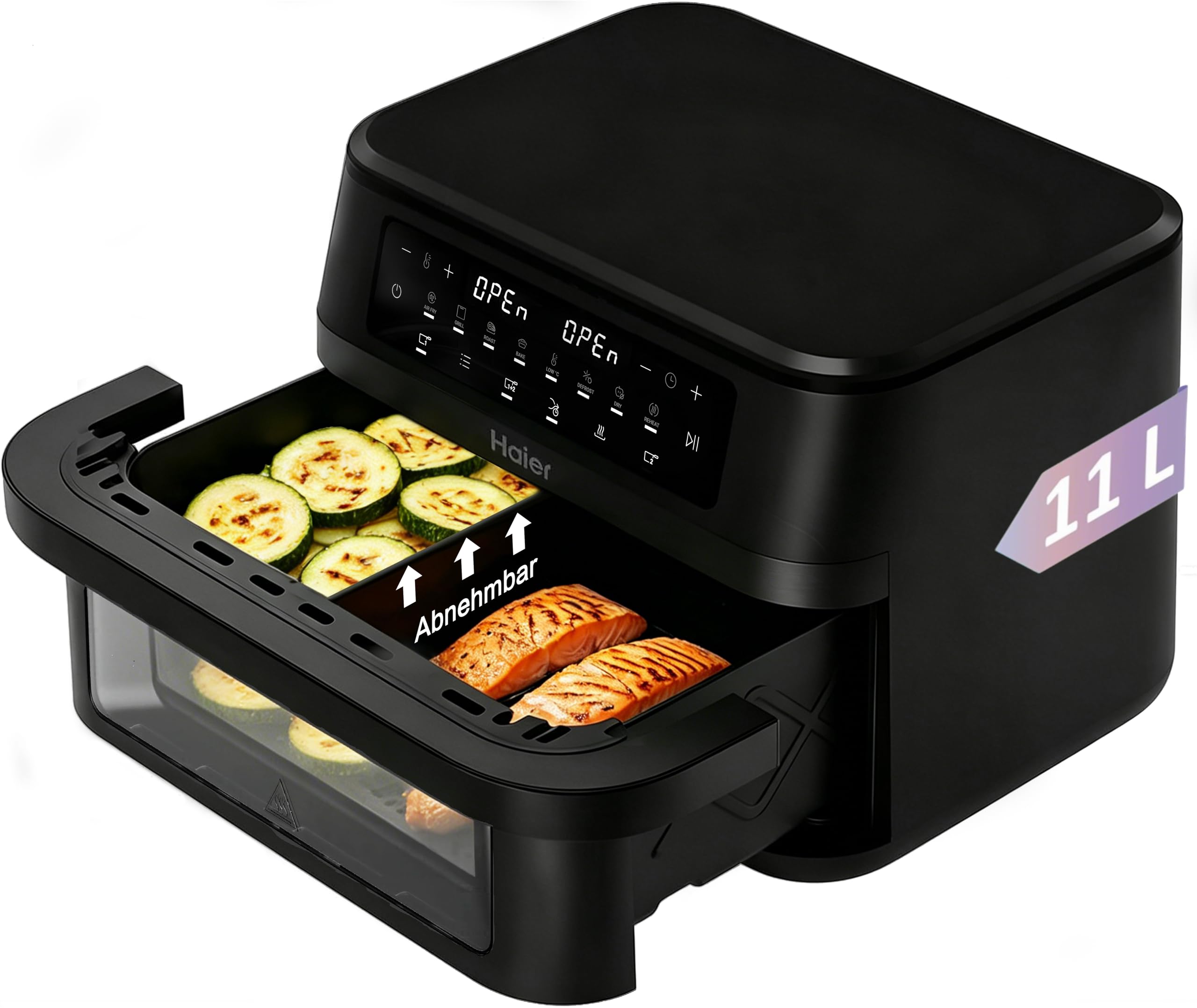 Haier Heißluftfritteuse Flex | 11 L Airfryer Dual mit herausnehmbarer Trennwand & Sichtfenster für 9 Portionen | 8 Funktionen | spülmaschinenfest