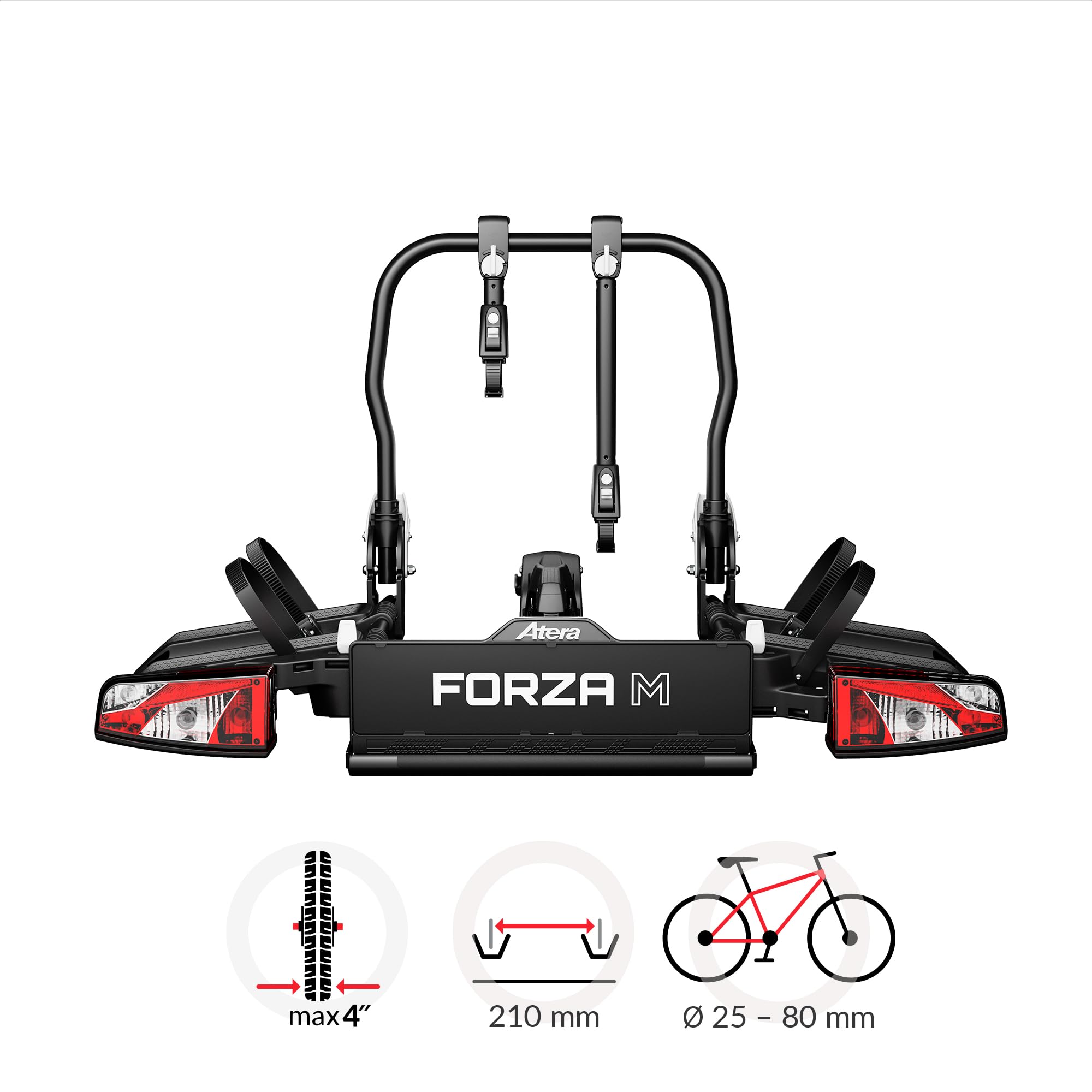 Atera 022800 Portabicicletas Forza M, Soporte de Embrague para Coche, Plegable, con Luces traseras, para 2 Bicicletas o Bicicletas eléctricas Pesadas, Color Negro