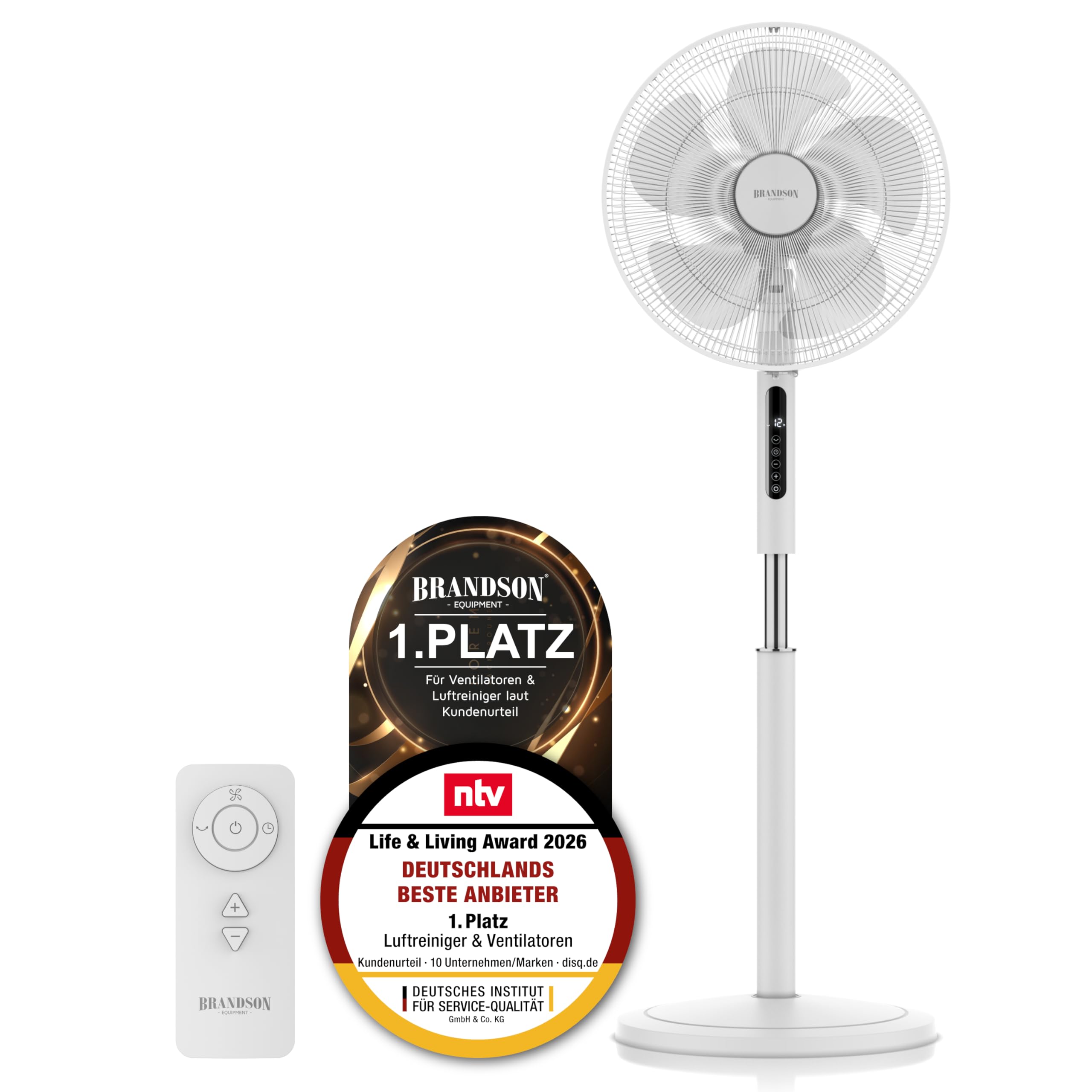 Brandson - DC Standventilator energiesparend ECO - Preisträger 2026 - sehr leise - mit Fernbedienung - Brushless Silent Motor - Oszilation 80° - Ventilator Timer – 12 Stufen