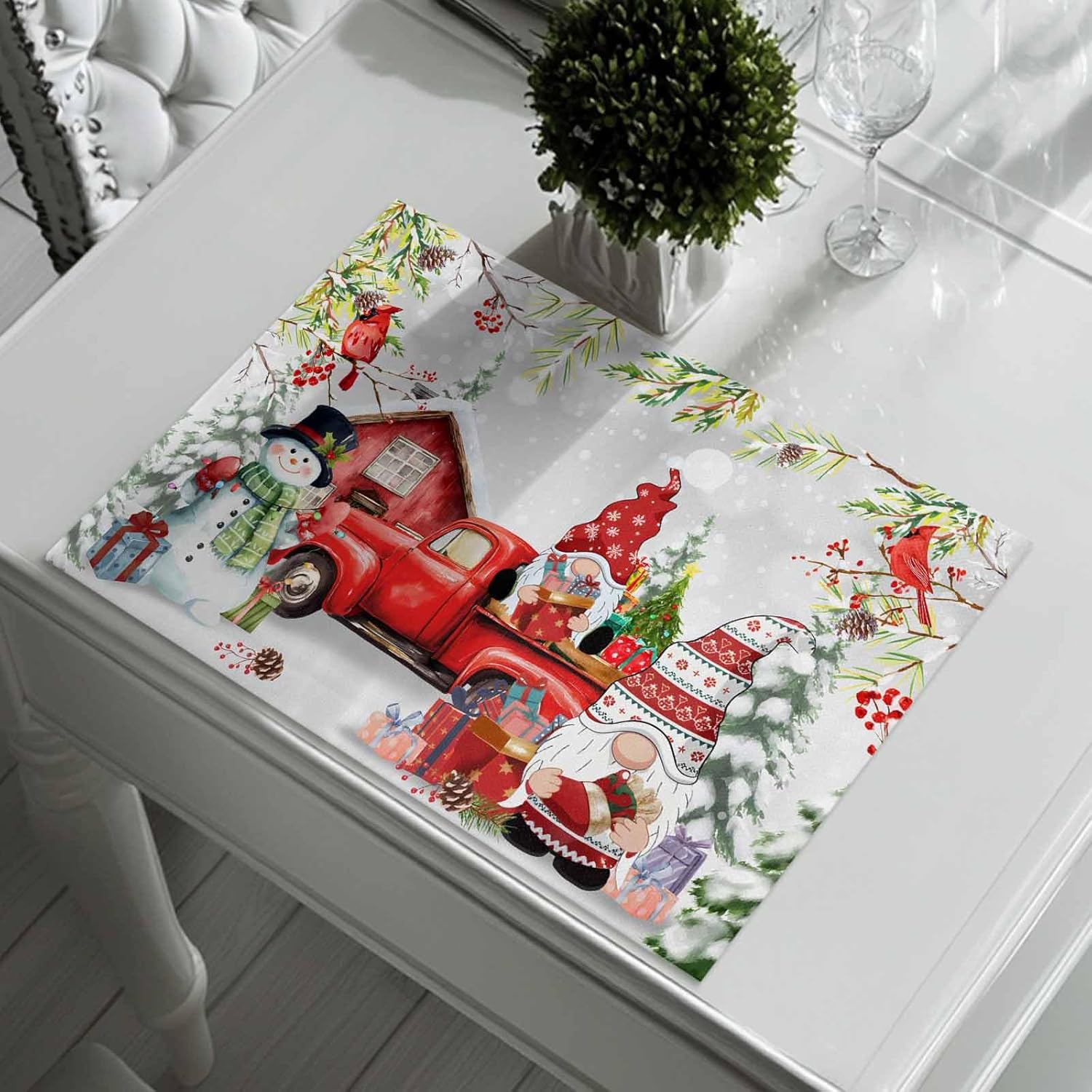Christmas Truck Dwarf Christmas Placemats Set of 6, Washable Cotton Linen Table Mats for Kitchen Dining Table, Heat Insulation Place Mats for Indoor Outdoor Parties, Holiday Decorations