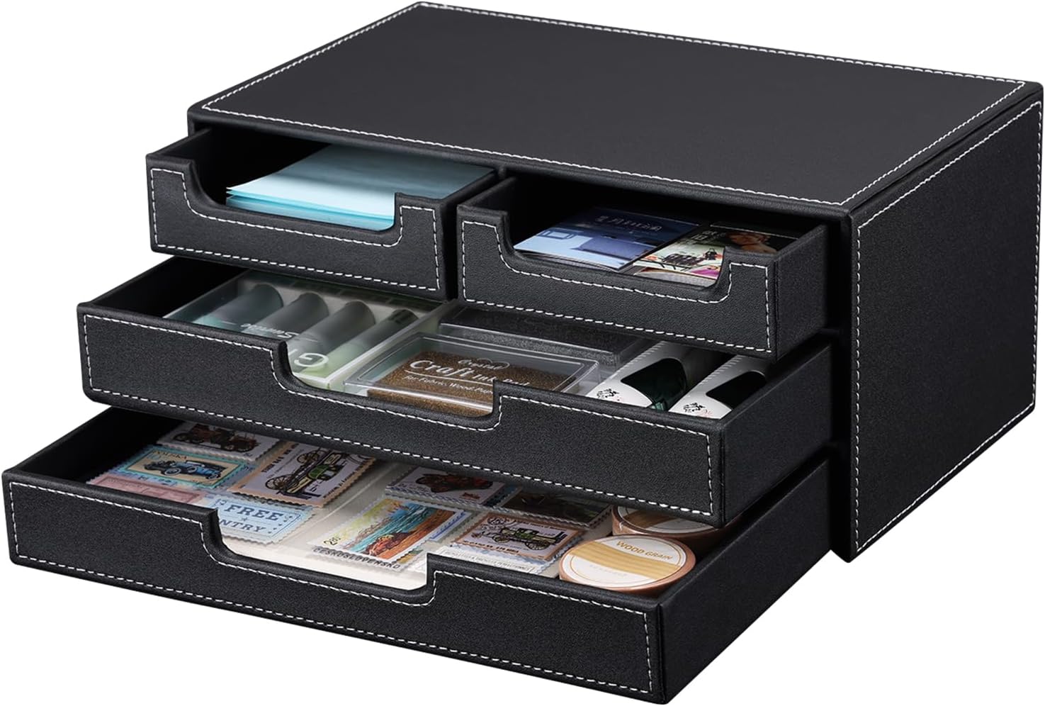 KINGFOM PU Leather Desk Organizer with 4 Drawers Small, Desktop Organizer Drawer for Office Supplies Accessories, Stationery Storage Box Bills Collection Holder Black
