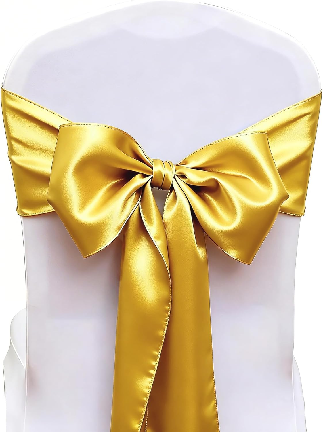 Pack of 50 Satin Gold Chair Sashes Bows 7 X 108 Inch Universal Golden Chairs Ribbons for Wedding Anniversary Ceremony Birthday Party Engagement Banquet Restaurant Event Decorations