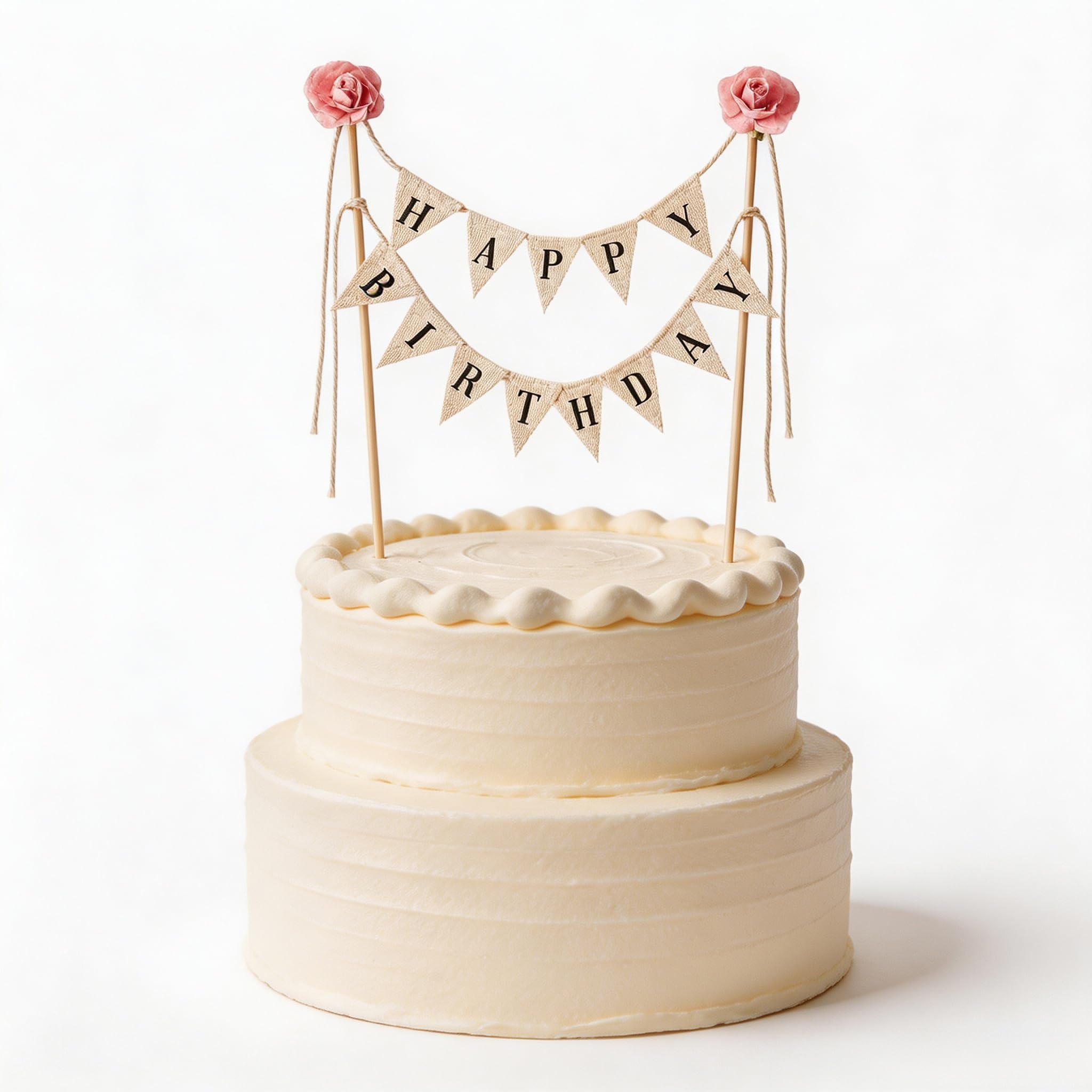 Happy Birthday Cake, Handmade Birthday Cake Pennant Banner Flags | Bunting Topper Garland with Wooden Pole & Pink Flower Party Decoration Supplies