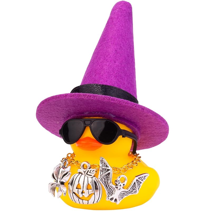 Enfeite de Painel Automotivo Pato Amarelo de Halloween MuMyer com Chapéu de Bruxa, Óculos e Colar H3 H3-purple&black Ribbon, 2 peças