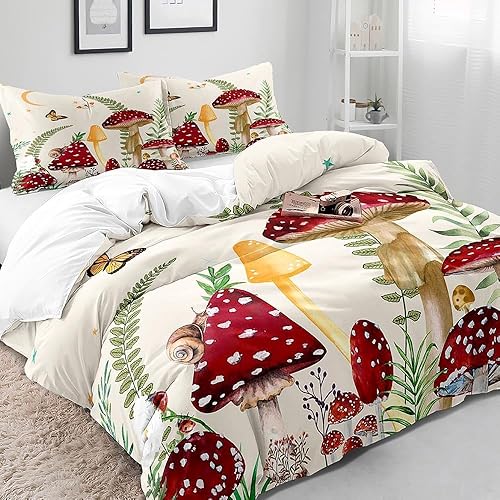 Miniatura 3 de LUVIVIHOME Juego de ropa de cama de 2 piezas, diseño de hongos rojos, funda de edredón individual, luna y estrellas, mariposa, caracol, planta