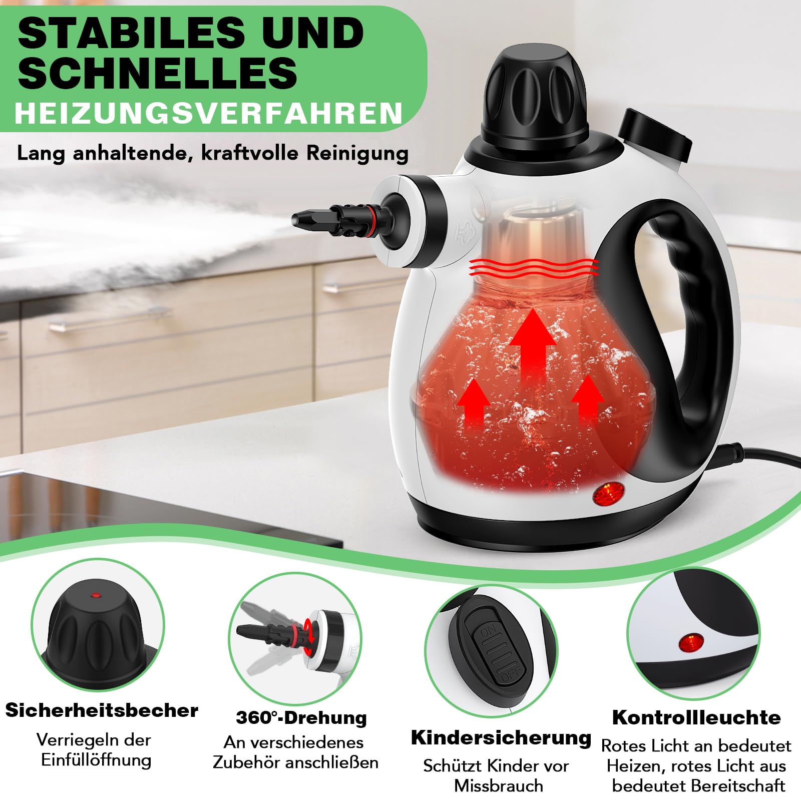 Limpiador de vapor portátil a presión con 10 accesorios, limpiador a vapor para tapicería, con bloqueo de seguridad, para casa, coche, accesorios
