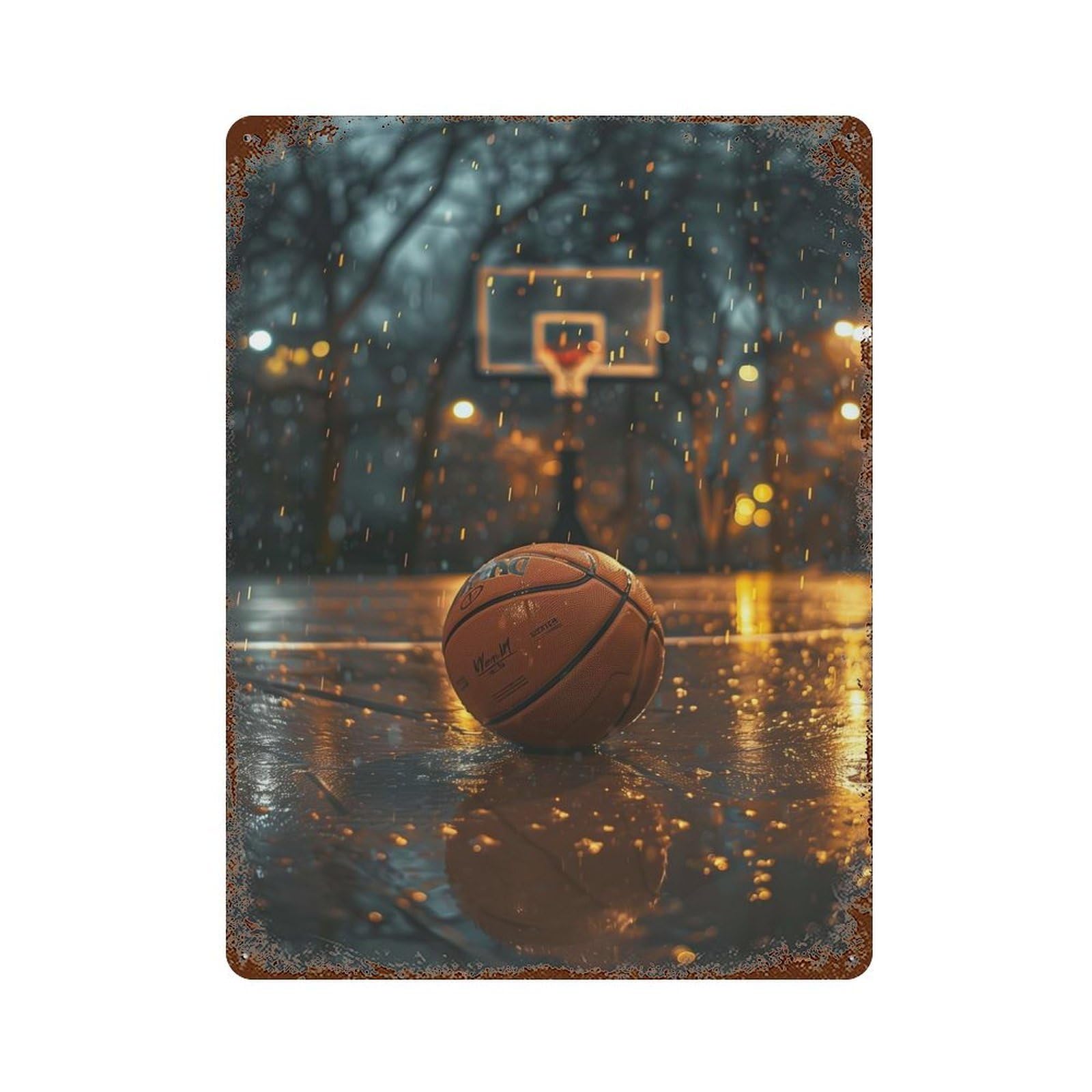 Aged Metal Wall Plaque with Basketball Nostalgia Design 15.7"x11.8", for Farmhouse, Kitchen And Entryway Decor, Old School Wall Decor