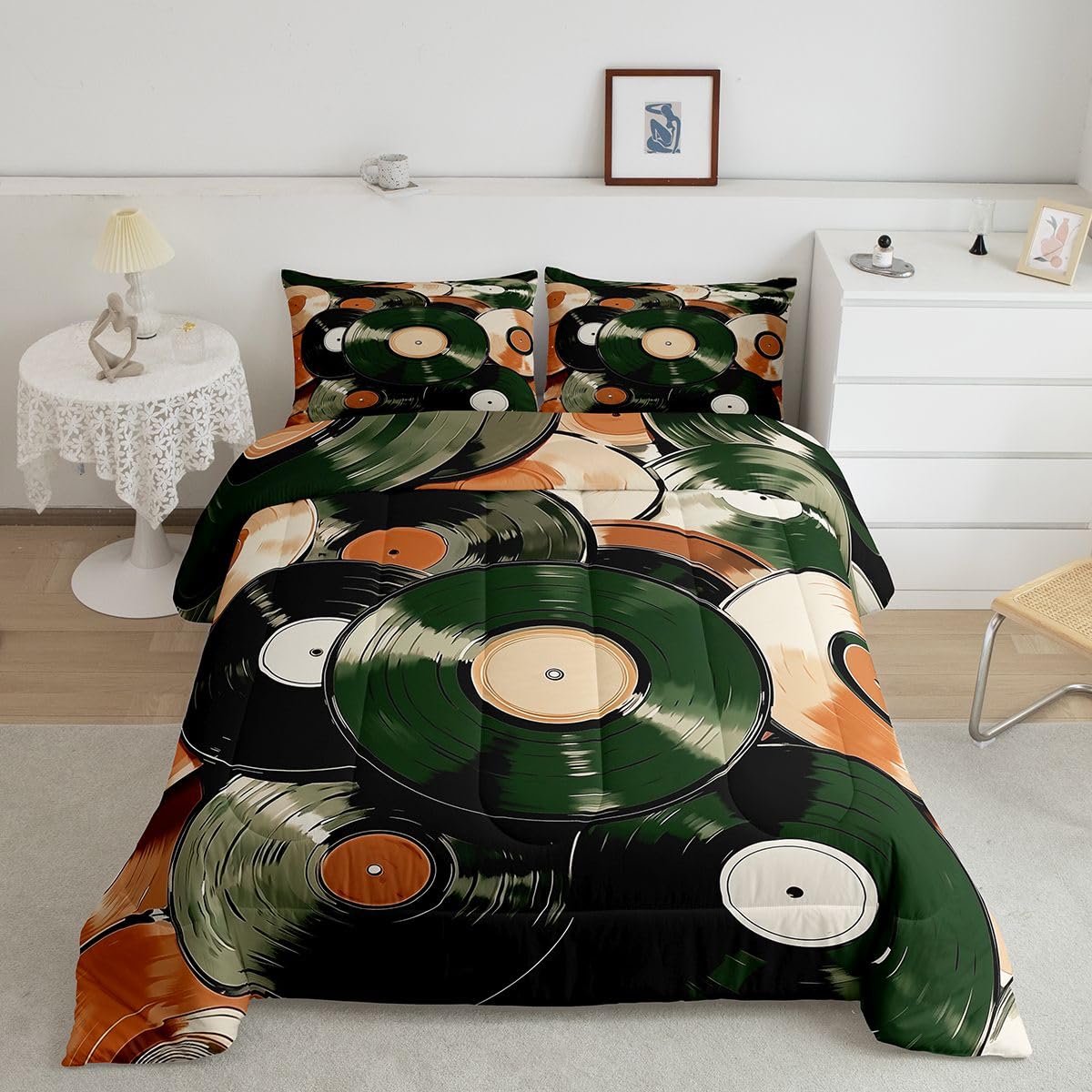 Homewish Set di biancheria da letto king size, motivo: dischi in vinile vintage, set copripiumino semplice e alla moda, per amanti della musica