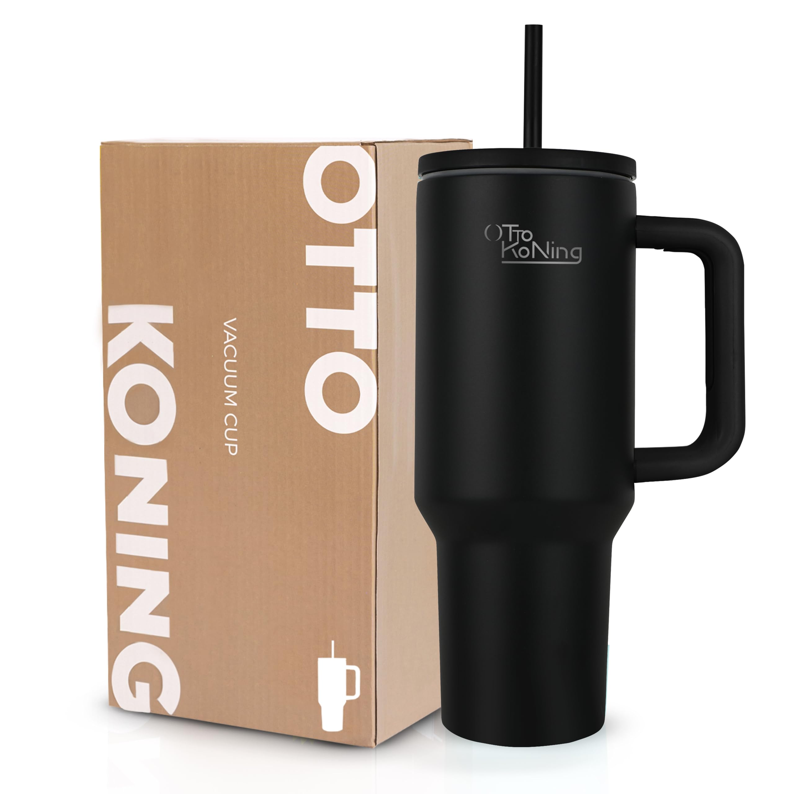 Travel Mug with Handle Otto Koning 40oz (1.2L) – Double Wall Insulated Tumbler with Straw & Lid – Stainless Steel Thermal Cup for Hot & Cold Drinks – Fits Car Cup Holders & Gym Gear