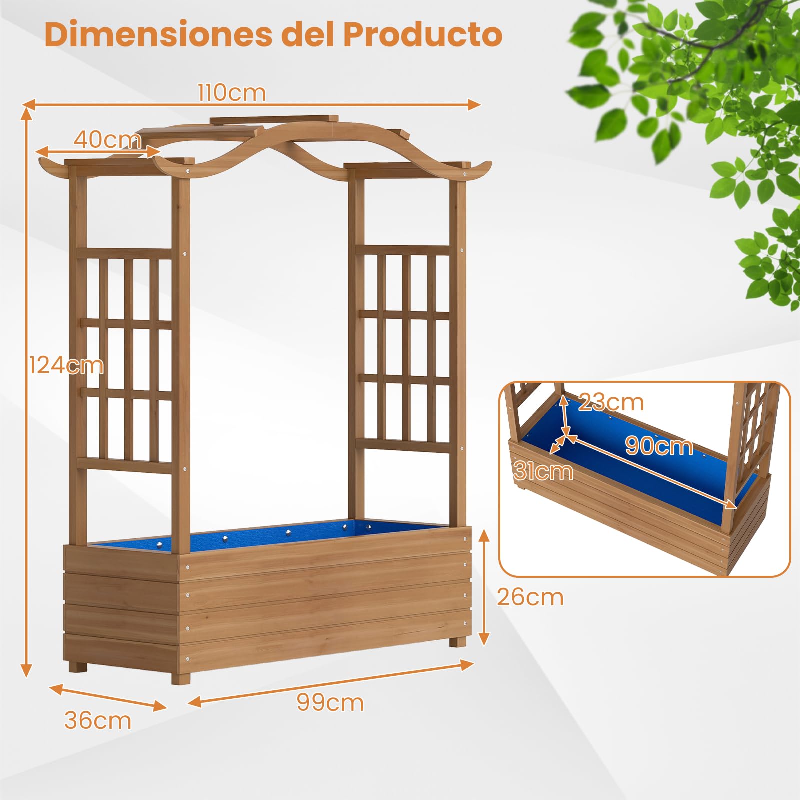 COSTWAY Jardinera Elevada con Enrejado, Jardinera de Madera Maciza con Techo Colgante, 2 Enrejados Laterales, Contenedor Elevado para Plantas de Jardín, para Plantas Trepadoras, 110 x 40 x 124 cm