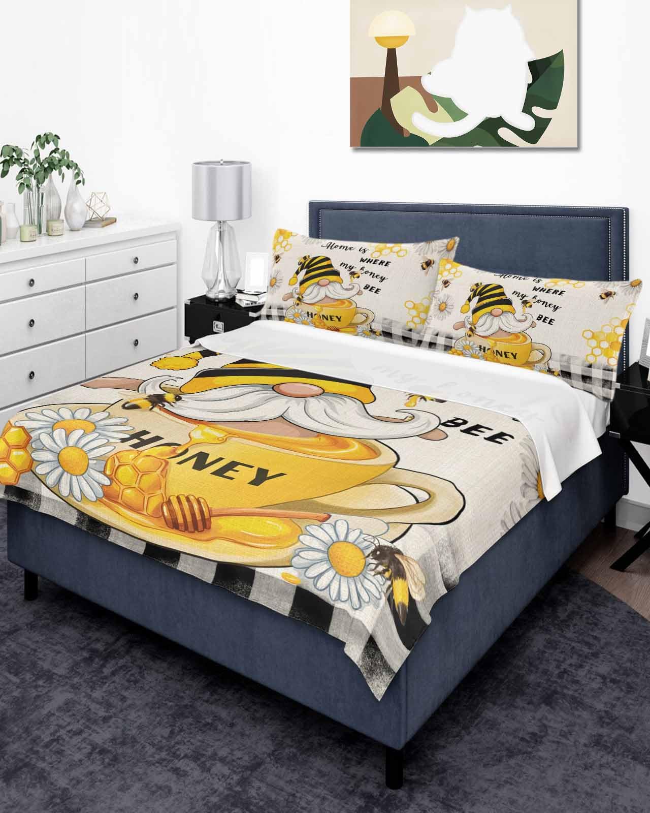 Twin Top Sheet Bedding Flat Sheet Only, Dwarf Farmhouse Honey Bees Soft Microfiber Bed Sheets Hotel Luxury, Daisy Ombre Buffalo Check Breathable Top Sheets Easy Care