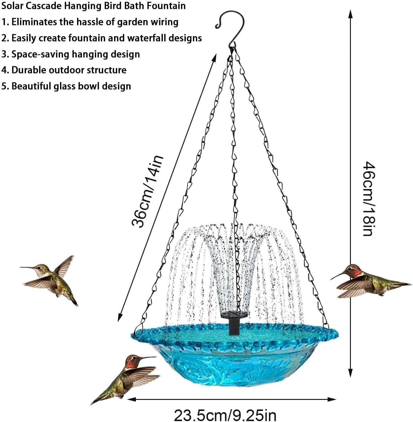 Solar Cascade Hanging Bird Bath Fountain with Solar Pump, Hanging Bird Bath with Solar Fountain Glass Bowl, Outdoor Solar Hanging Bird Bath for Garden Patio Balcony(Pink a)