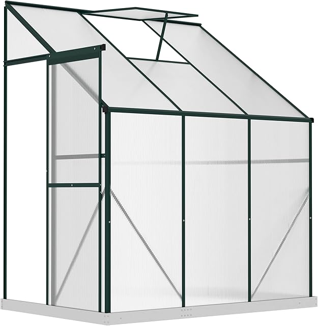 Outsunny 6 X 4ft Walk-In Lean to Greenhouse Garden Heavy Duty Aluminium Polycarbonate with Roof Vent for Plants Herbs Vegetables, Green