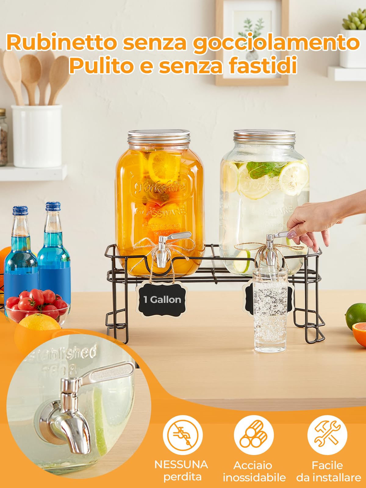 Distributore 2 in 1 da 4L in vetro, con supporto e rubinetto in acciaio inox. Perfetto come dispenser acqua o dispenser bevande per succhi, cocktail e limonata. Ideale per feste, picnic e barbecue.