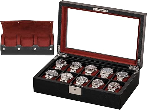 10 Slot Leather Watch Box with Matching 3 Slot Watch Roll - Luxury Case Display Organizer Microsuede Liner, Locking Mens Jewelry Watches Holder, Mens Storage Boxes Holder Glass Top Black/Red