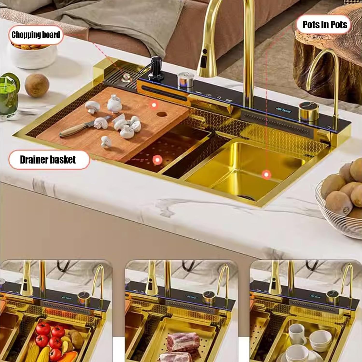 Évier Double Cascade avec Affichage LED, Lave-Tasses, Distributeur de Savon, mitigeur Cascade, Commandes sur Plan de Travail, etc. Poste de Travail pour évier de Cuisine.