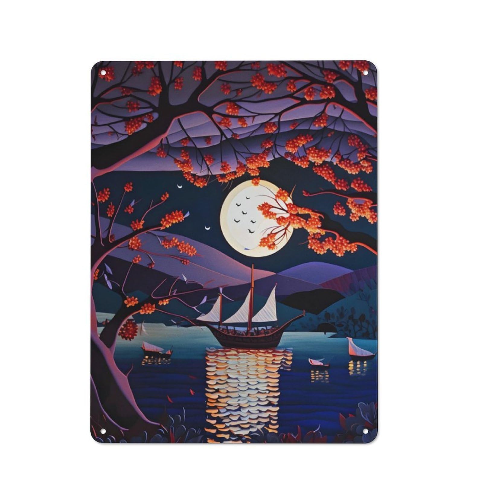 Junmoney Boat In Moonlight Retro Metal Wall Sign 40X30cm With For Garage Wall, A Decorative Metal Sign For Garages And Workshops