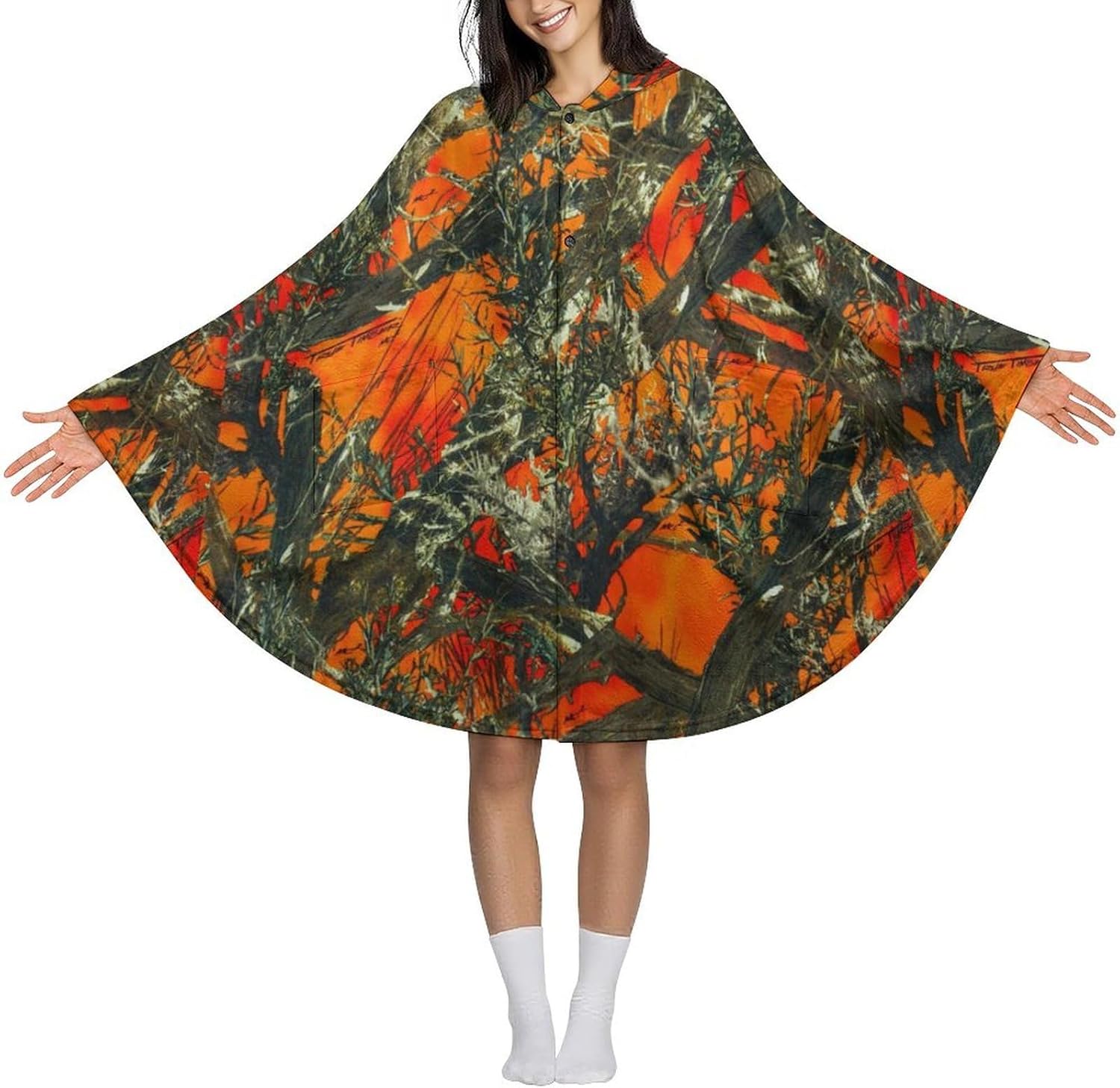 Orange Camouflage Wearable Blanket with Hooded Flannel Blankets Cape with Pocket