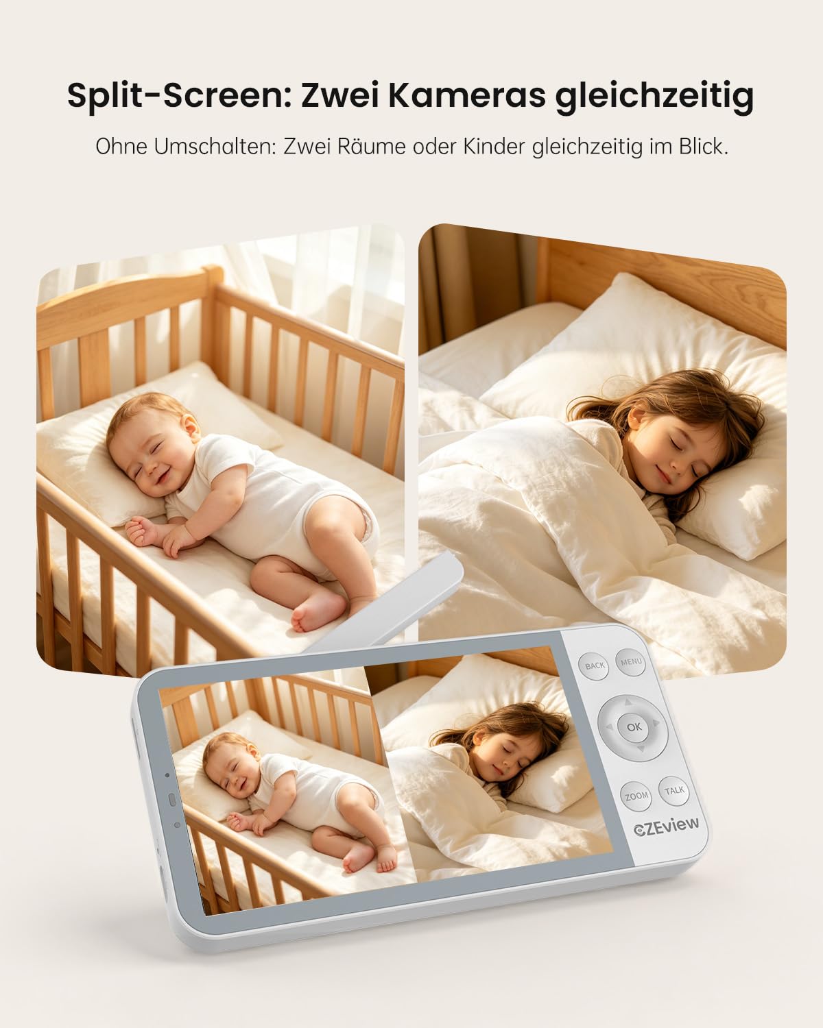 CZEview Babyphone con 2 cámaras y aplicación, Intercomunicador de bebé con Video de 5,5 Pulgadas con transmisión por móvil, visión Nocturna, Audio bidireccional, Detector de Movimiento