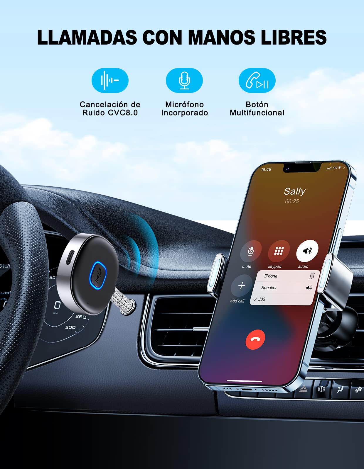 Mohard Receptor Bluetooth 5.0, AUX Adaptador Bluetooth Coche Audio Jack 3.5mm para Estéreo Domestico/Altavoz/Auriculares con Cable, Llamadas Manos Libres y Conexión Dual, Tiempo de Reproducción 16H — view 4