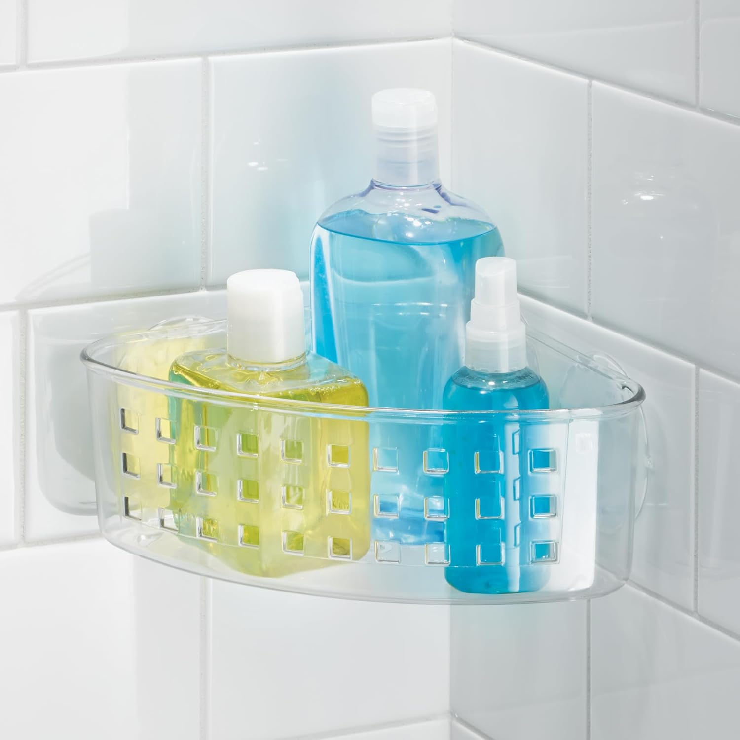 iDesign Plastic Suction Cup Corner Shower Basket for Bathroom Storage, Set of 2, Clear, Made in USA