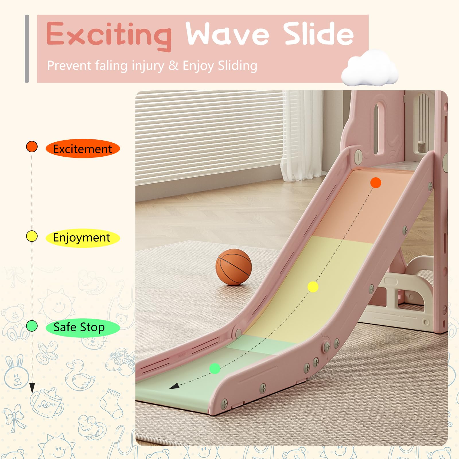 Toddler Slide,Kids Climber Slide with Storage Space and Non-Slip Steps,Indoor Outdoor Playset with Basketball Hoopa and Telescope,Slide for Toddlers Age 1-3 (Pink)