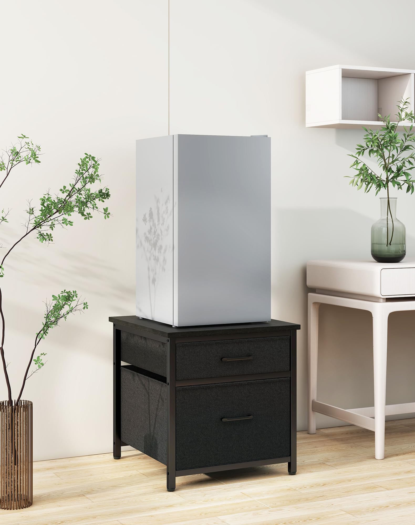 Mini soporte para refrigerador con almacenamiento, mini gabinete para refrigerador con cajones de tela, mesa compacta de 250 libras, estante de barra de café, para el hogar, oficina, dormitorio 7