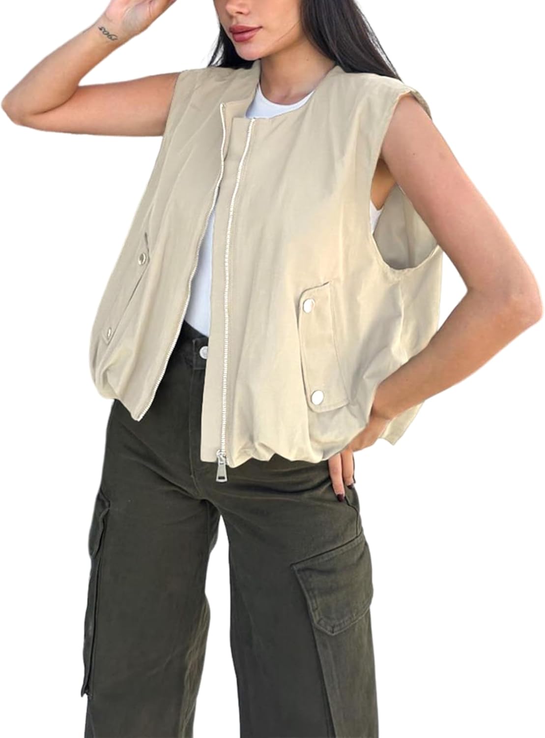 Women's Casual Zip Up Cargo Vest Cropped Sleeveless Ruched Hem Blazer Jackets Tops with Pockets