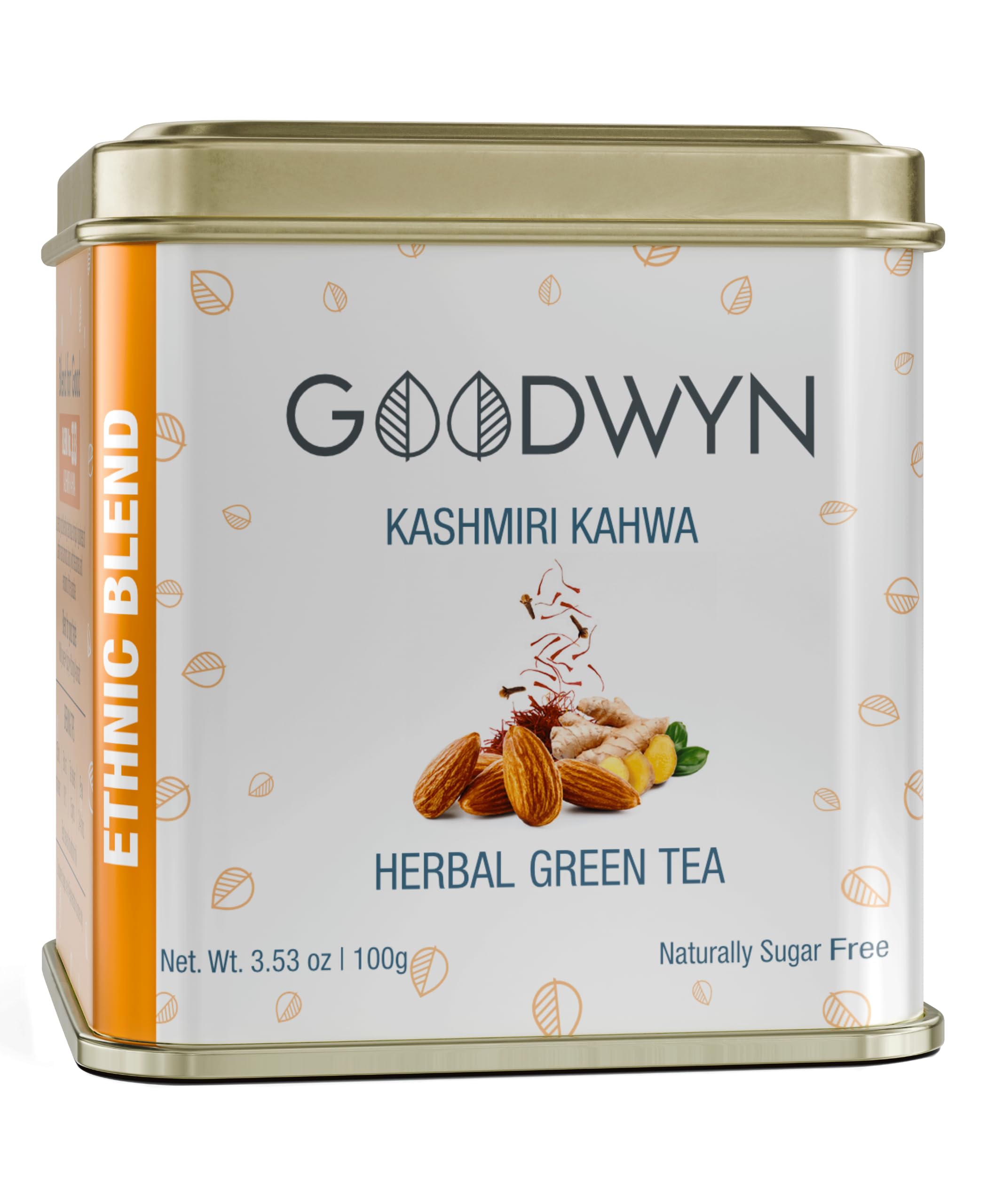Goodwyn Kashmiri Kahwa Green Tea (100g) | Authentic Herbal Qawah with Saffron, Almonds & Spices | Low Caffeine Herbal Tea | Non Bitter | Reusable Tin Can | Premium Hamper Gift Souvenir