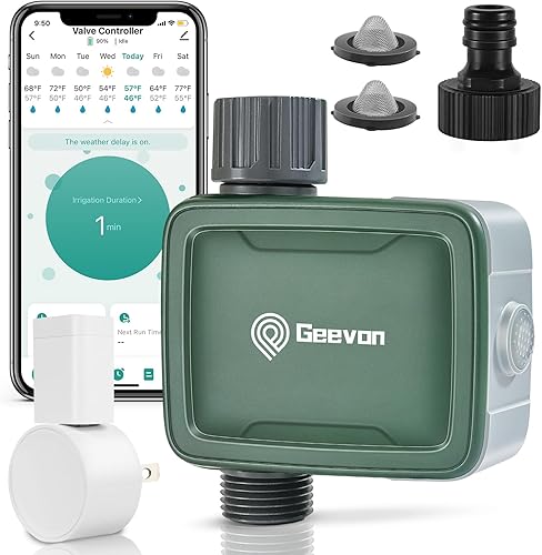 Geevon Temporizador de manguera inteligente, con control remoto por aplicación y retardo automático de lluvia, temporizador de agua WiFi,