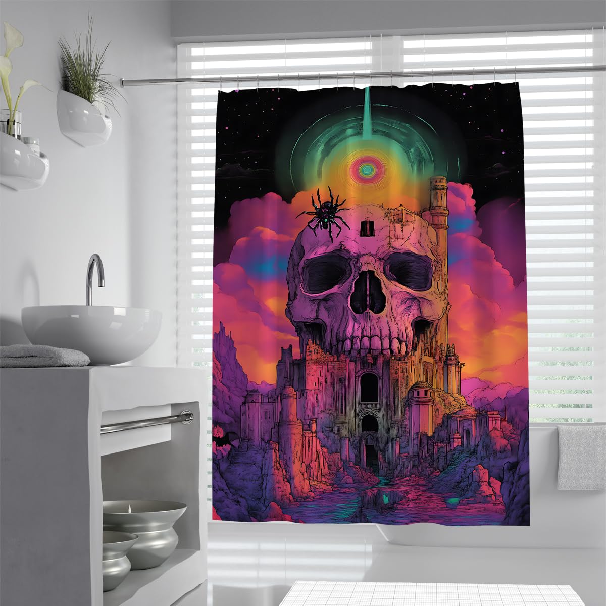 UIRINGART Machine Washable Shower Curtain W120xL180cm Trippy Gothic Skull Castle Anti Mould Mildew Resistant Waterproof Fabric Bathroom Curtains with Hooks