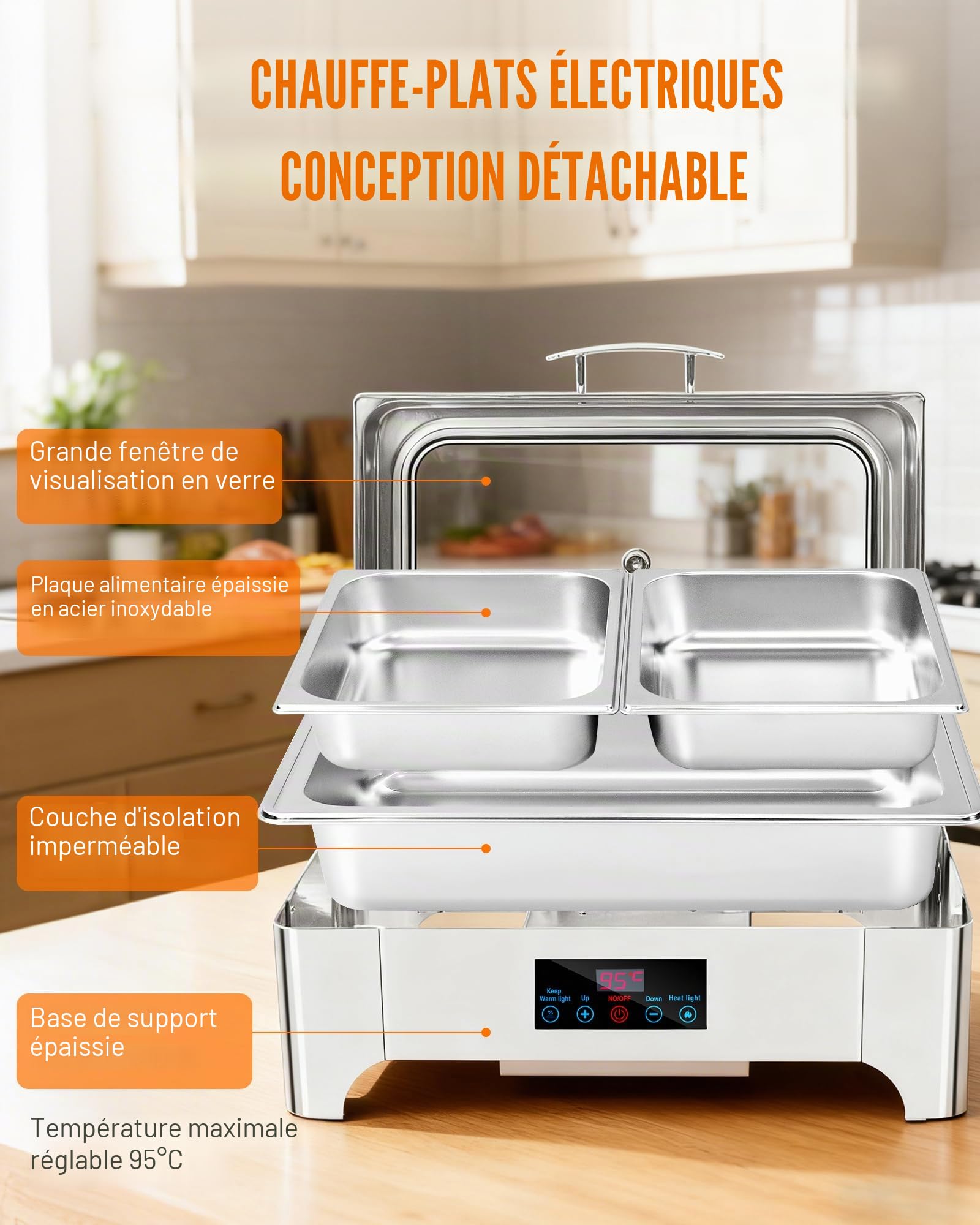 Chafing Dish Buffet Electric, Chauffe Assiette électrique 9L, Chauffage Buffet avec contrôle d'écran Tactile et Couverture de confidentialité en Verre, réchauffeur en Acier Inoxydable