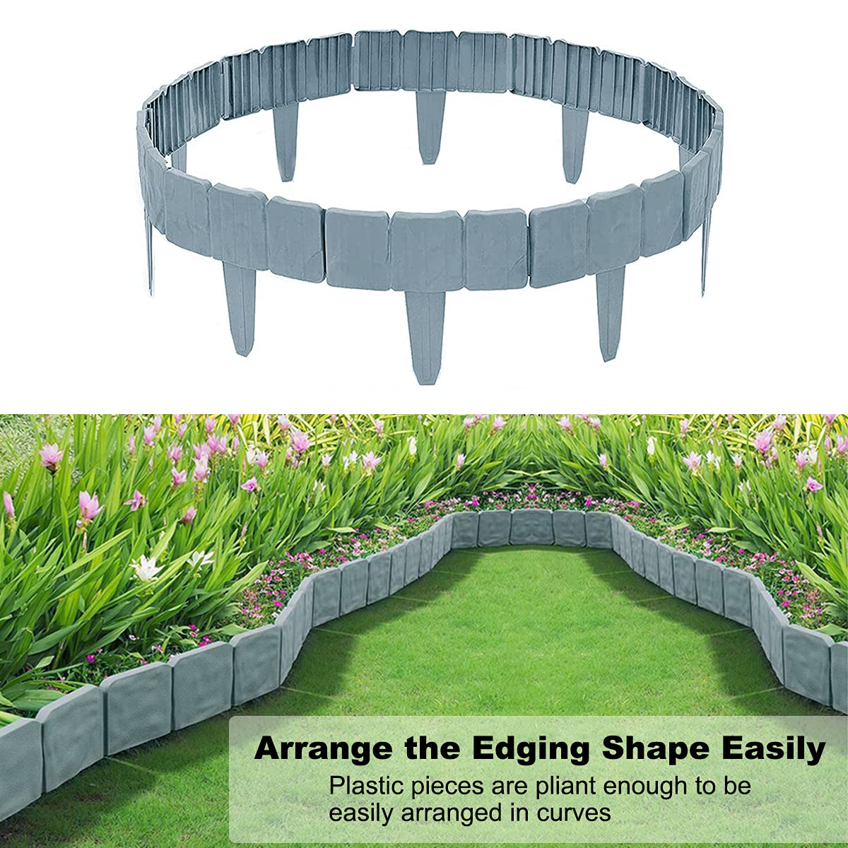 20 Pezzi Bordo Per Giardino Effetto Pietra Grigio 25x23 Cm - Recinzione Flessibile In Plastica PP Per Aiuole E Prati - Delimitatore Facile Da Montare